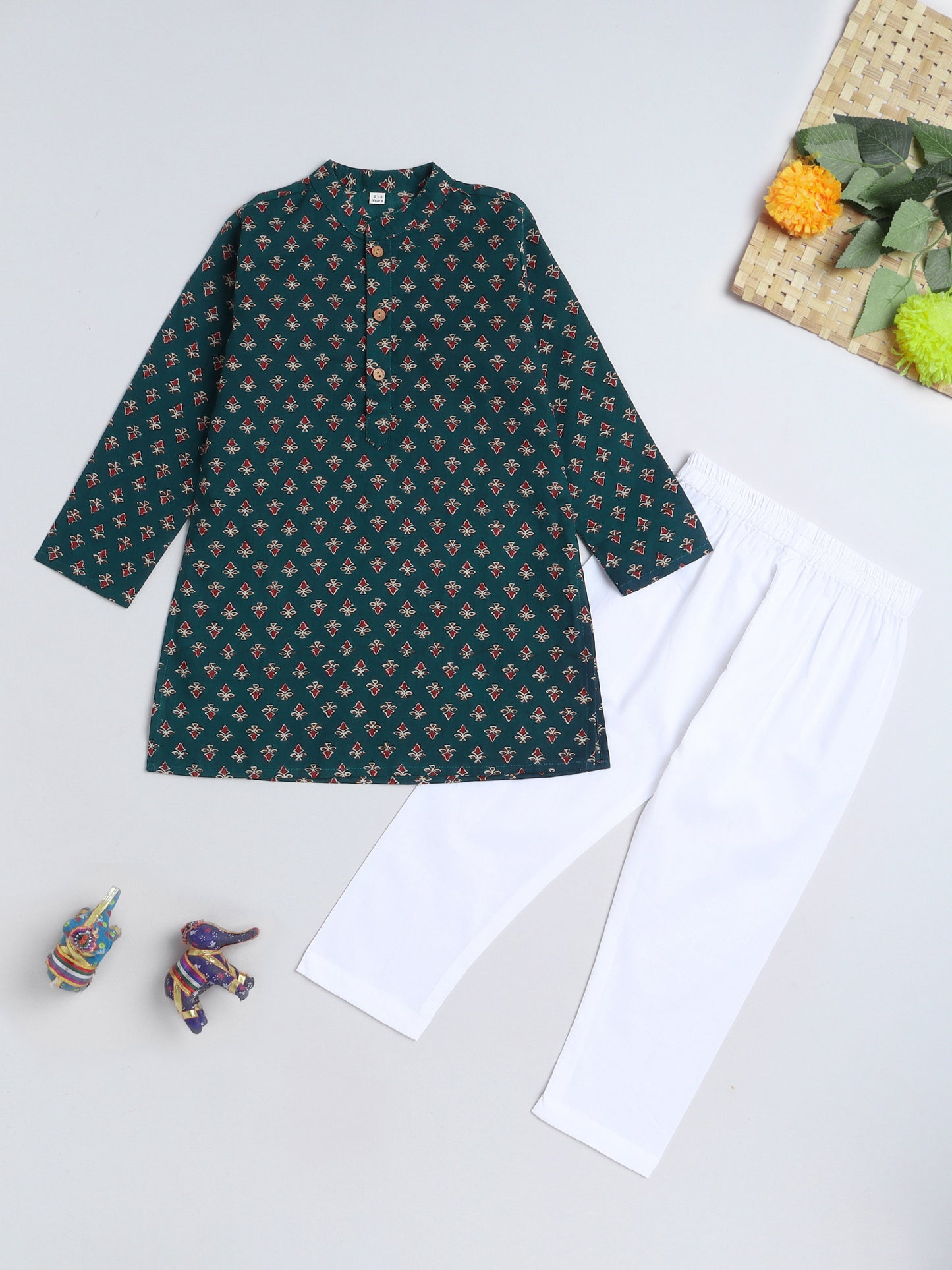 Floral Printed Mandarin Collar Full Sleeves Kurta and Pant Set For Boys-Navy Blue