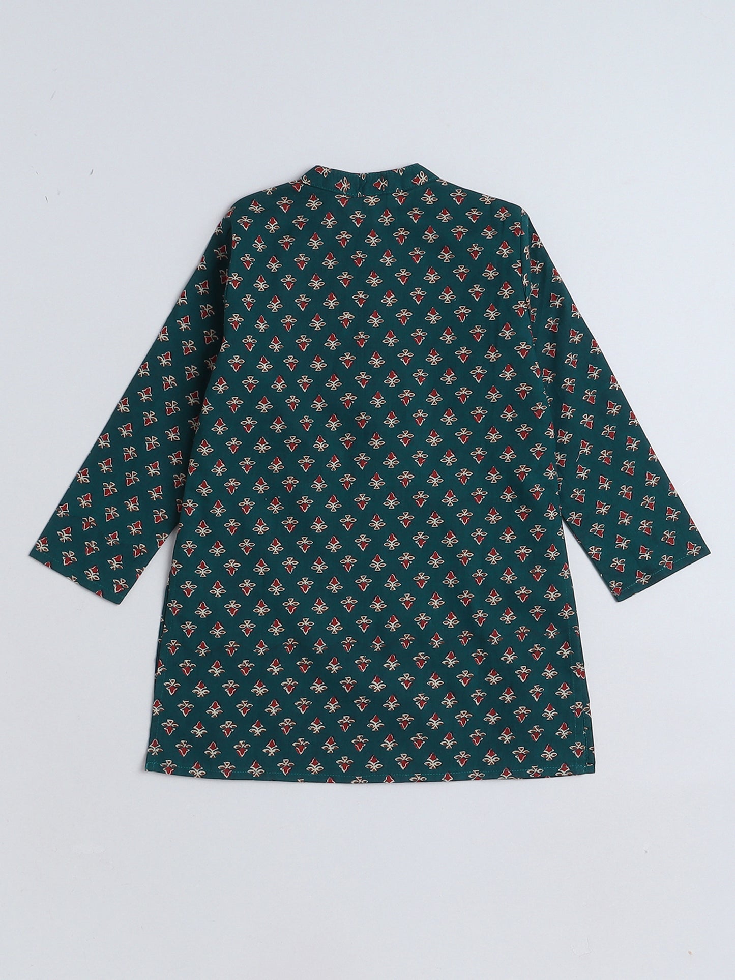 Floral Printed Mandarin Collar Full Sleeves Kurta and Pant Set For Boys-Navy Blue