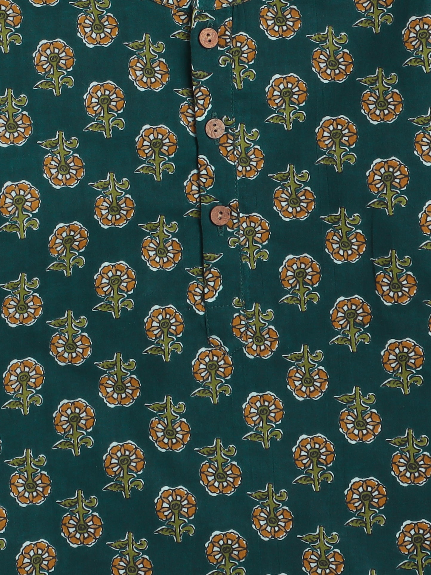 Floral Printed Mandarin Collar Full Sleeves Kurta and Pant Set For Boys-Teal