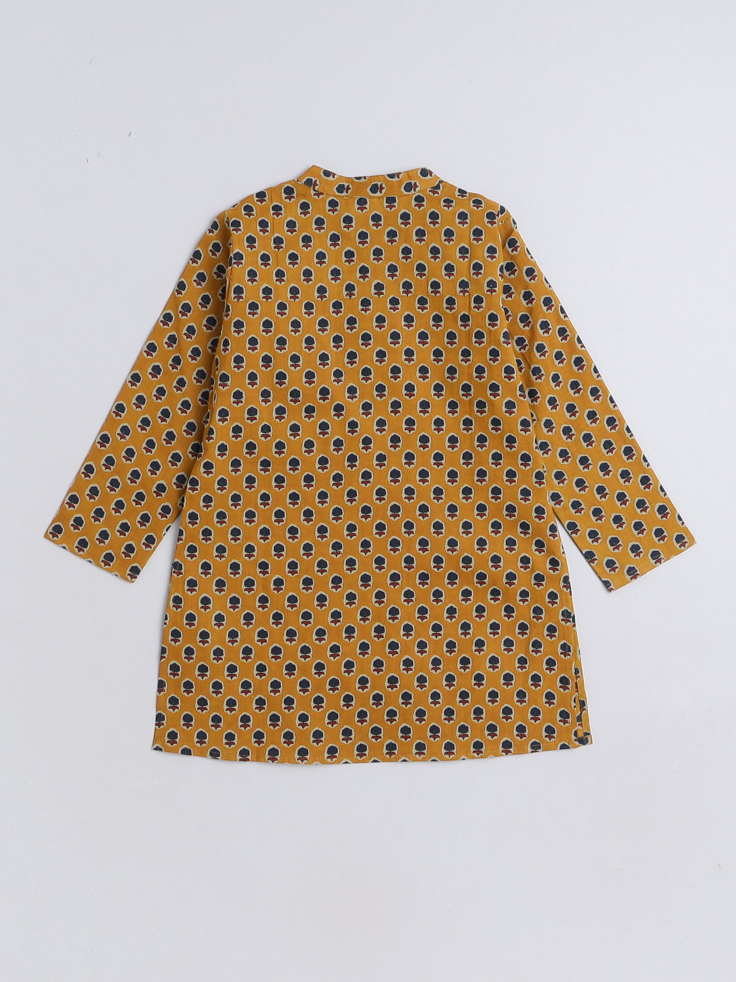 Floral Printed Mandarin Collar Full Sleeves Kurta and Pant Set For Boys-Mustard