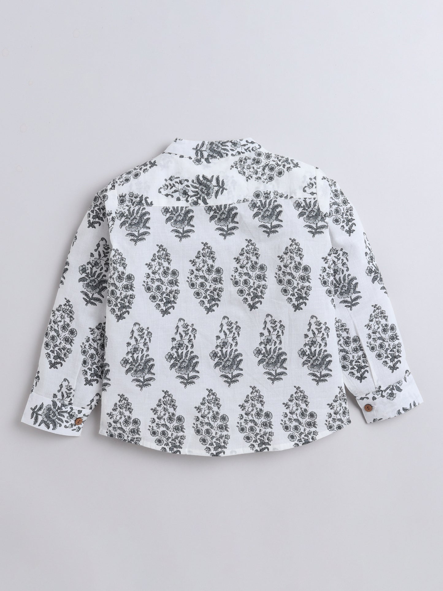 Full Sleeves Floral Printed Chinese Collar Casual Shirt For Boys-White