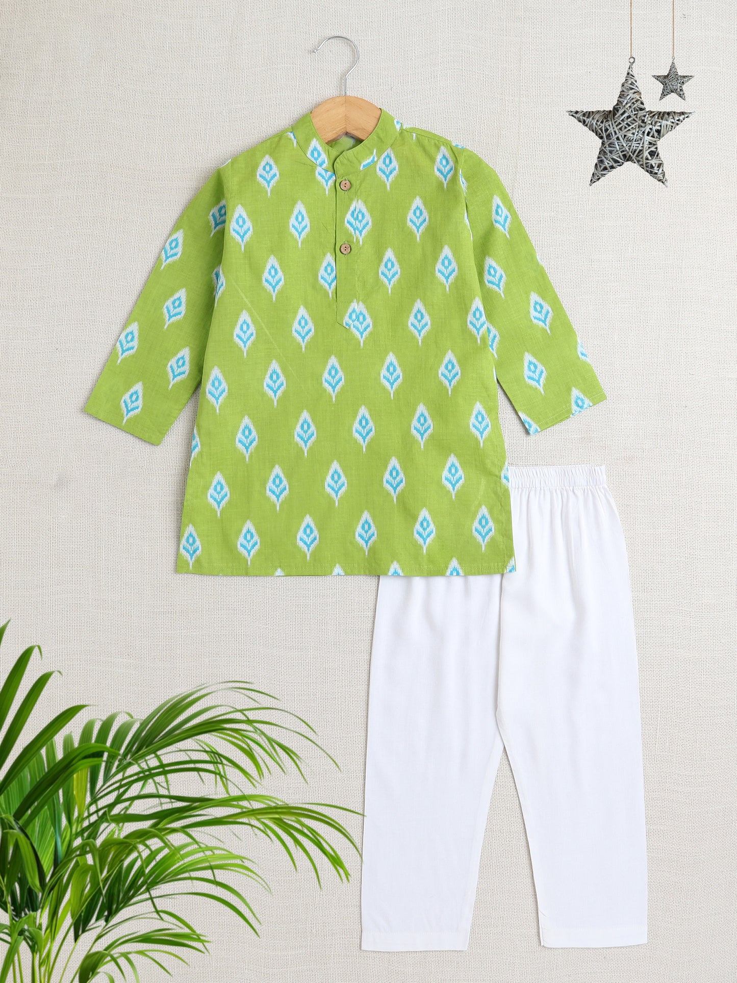 Full Sleeves Ikat Design Motif Printed Kurta With Pant For Boys-Green