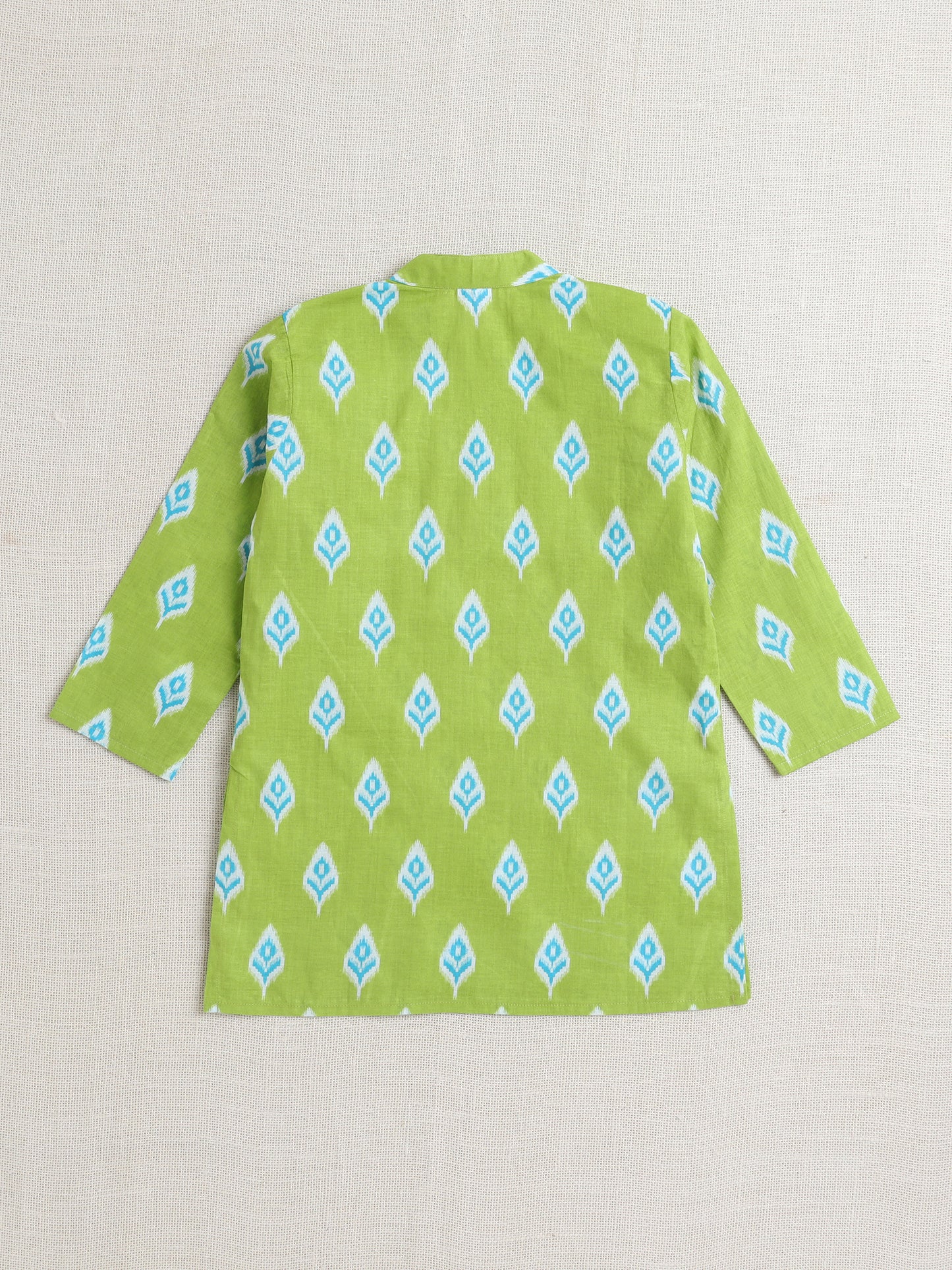 Full Sleeves Ikat Design Motif Printed Kurta With Pant For Boys-Green