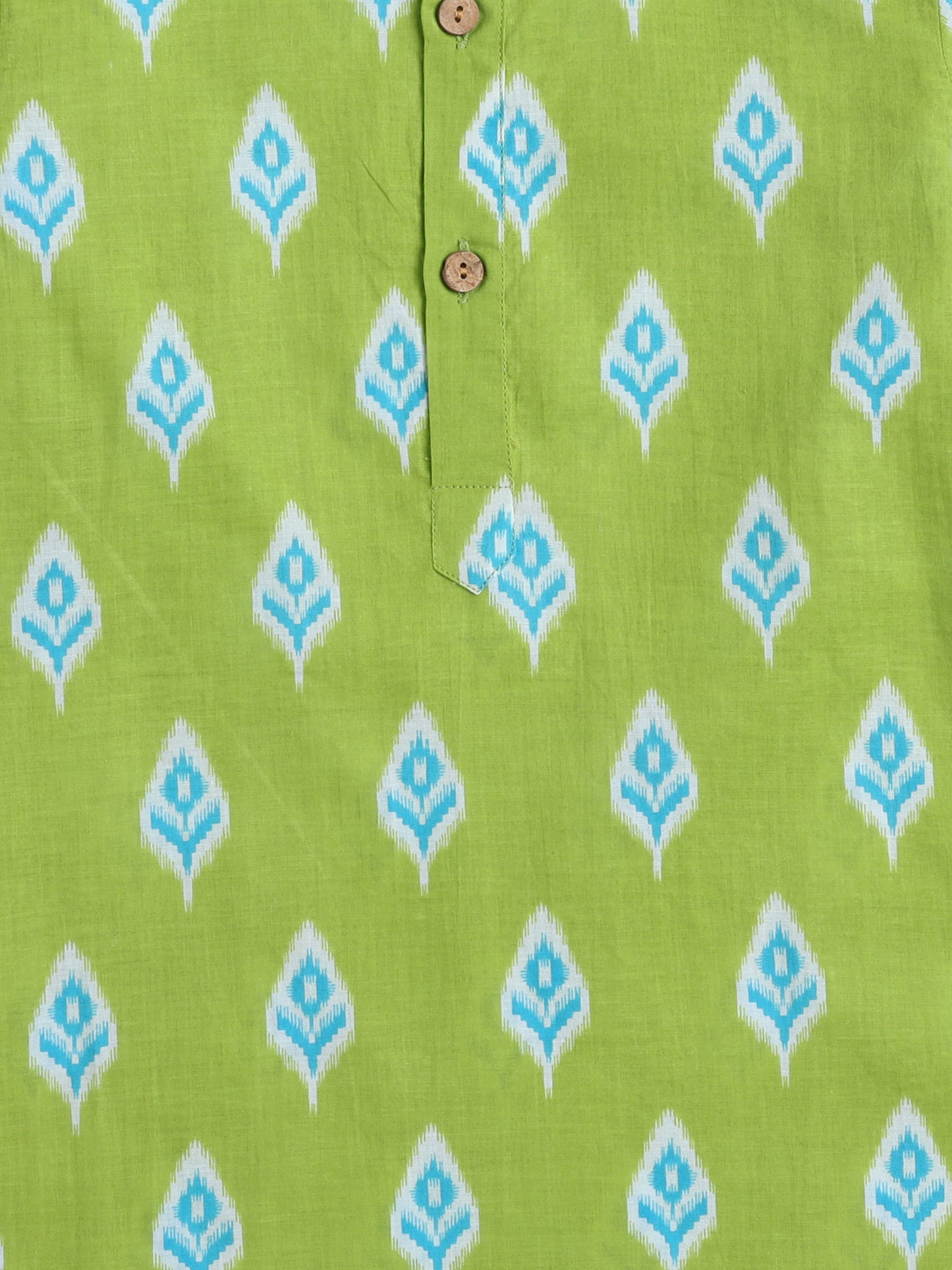 Full Sleeves Ikat Design Motif Printed Kurta With Pant For Boys-Green