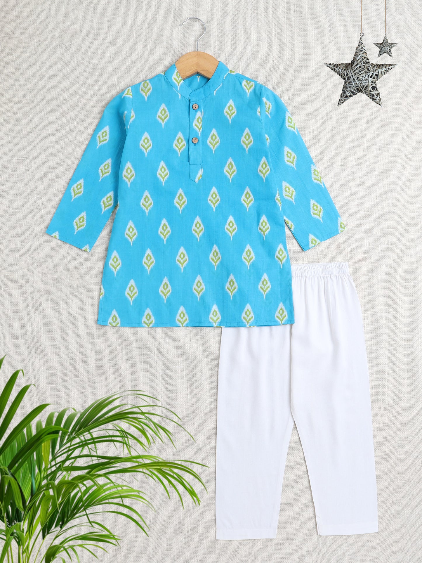 Full Sleeves Ikat Design Motif Printed Kurta With Pant For Boys-Blue