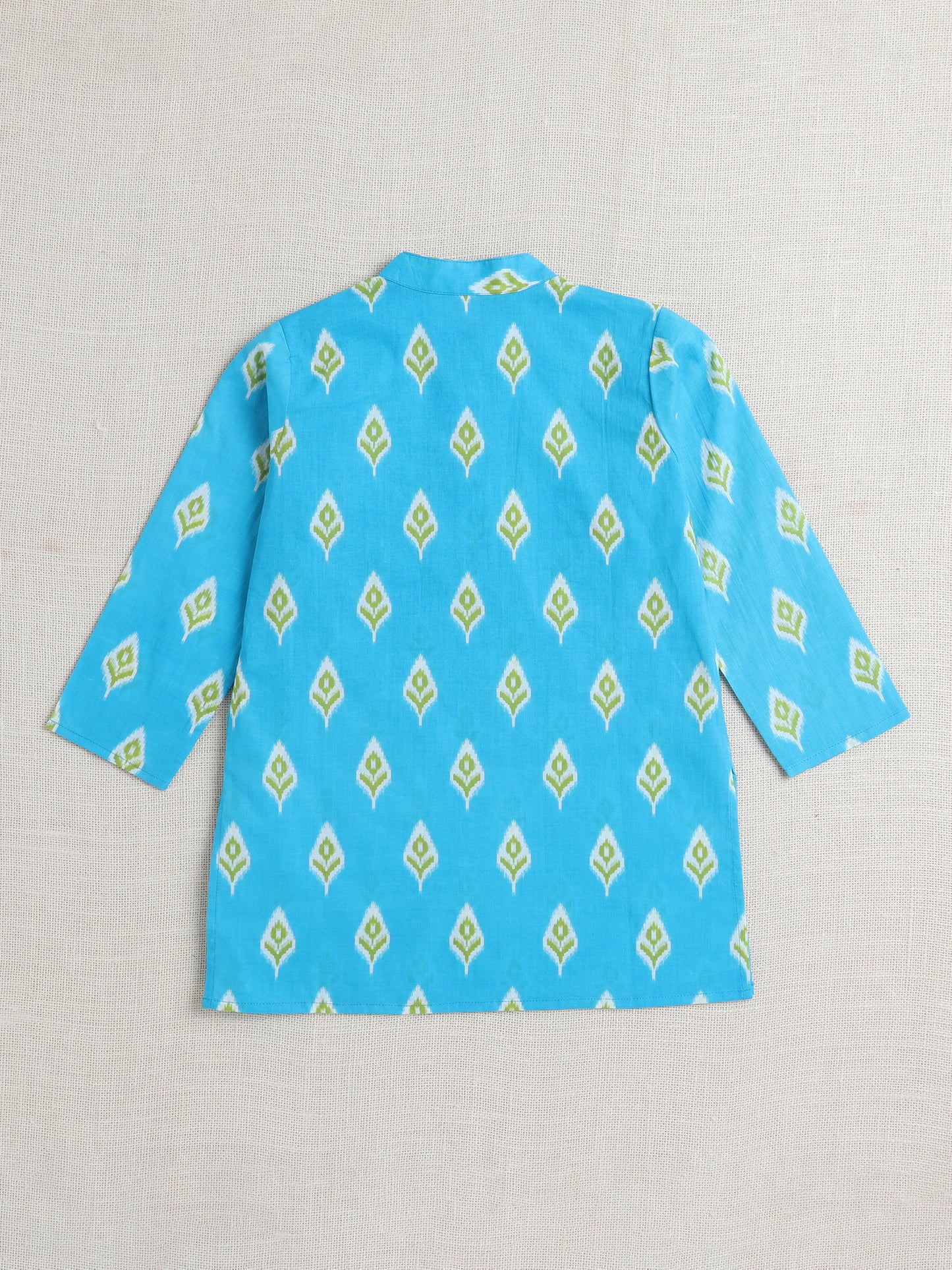Full Sleeves Ikat Design Motif Printed Kurta With Pant For Boys-Blue