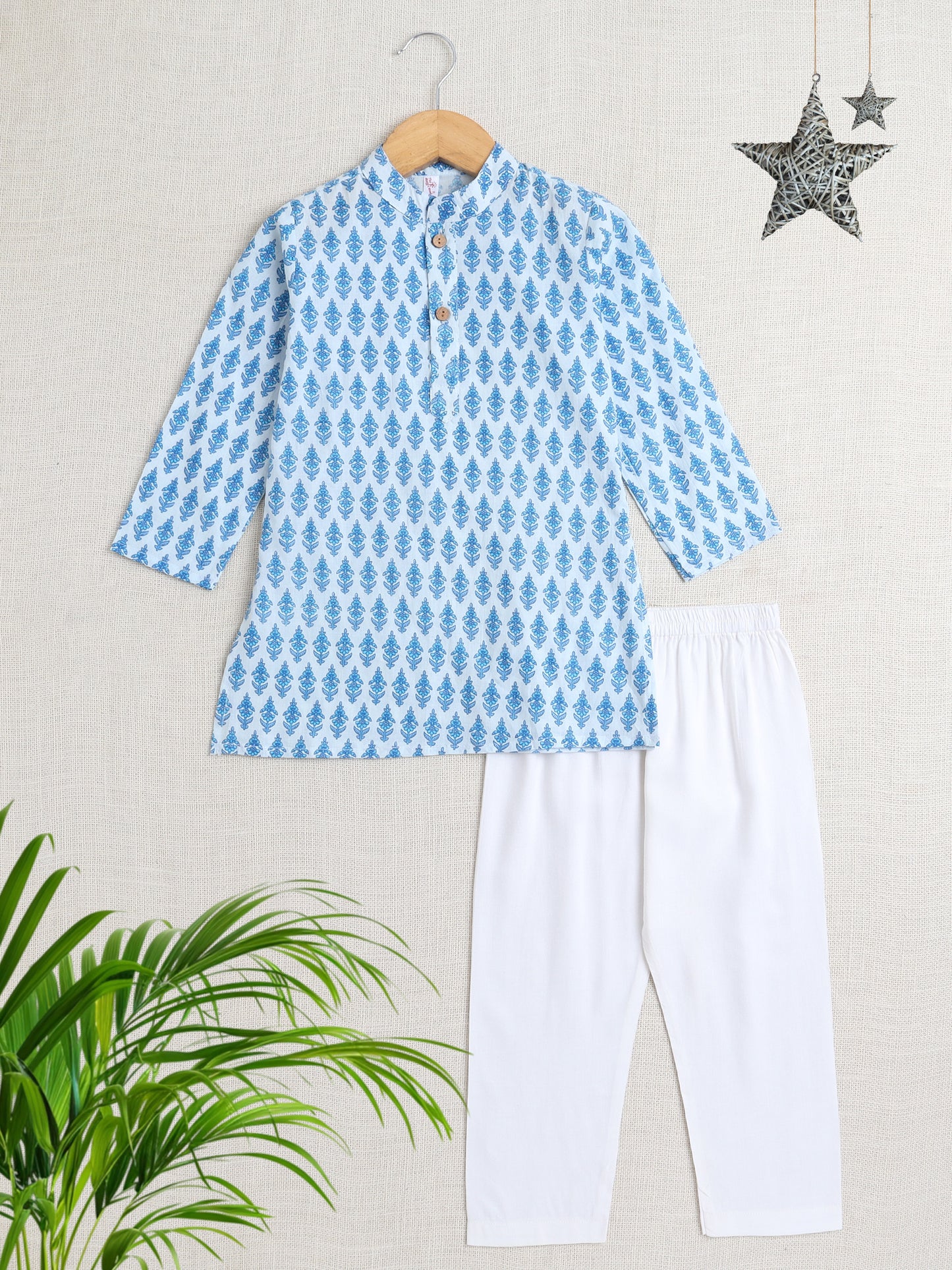 Full Sleeves Floral Printed Kurta With Pant For Boys-Blue