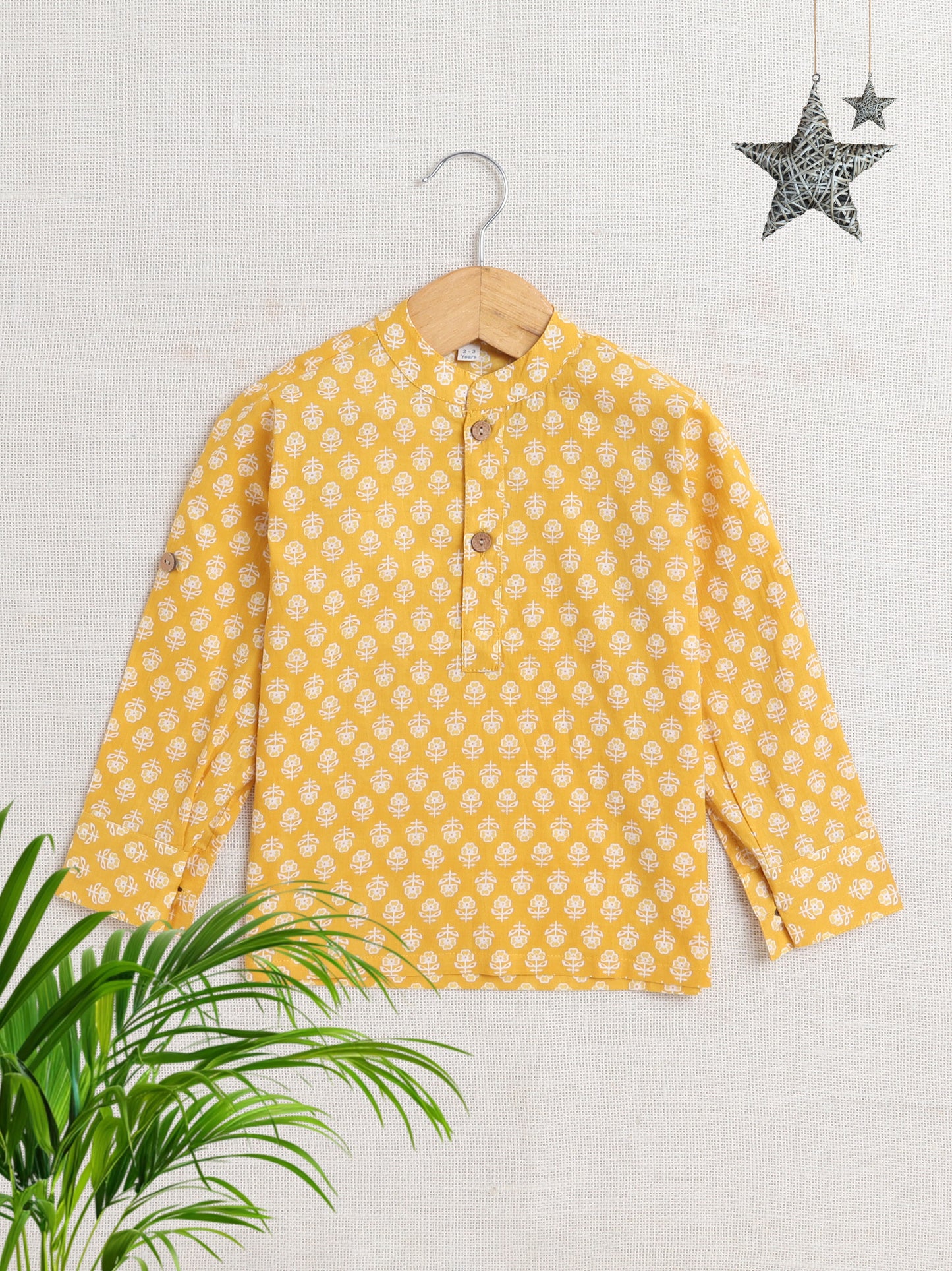 Full Sleeves Flower Printed Kurta-Mustard