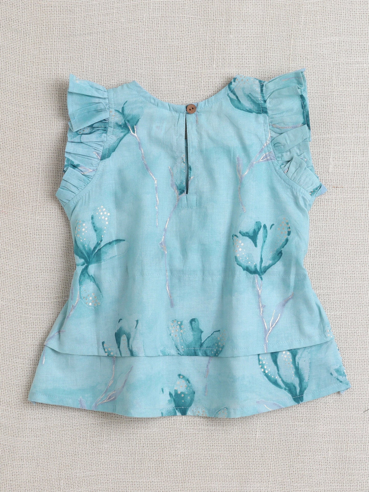 Cotton Frilled Sleeves Floral Printed & Lace Embellished Coordinating Top & Pant Set - Blue