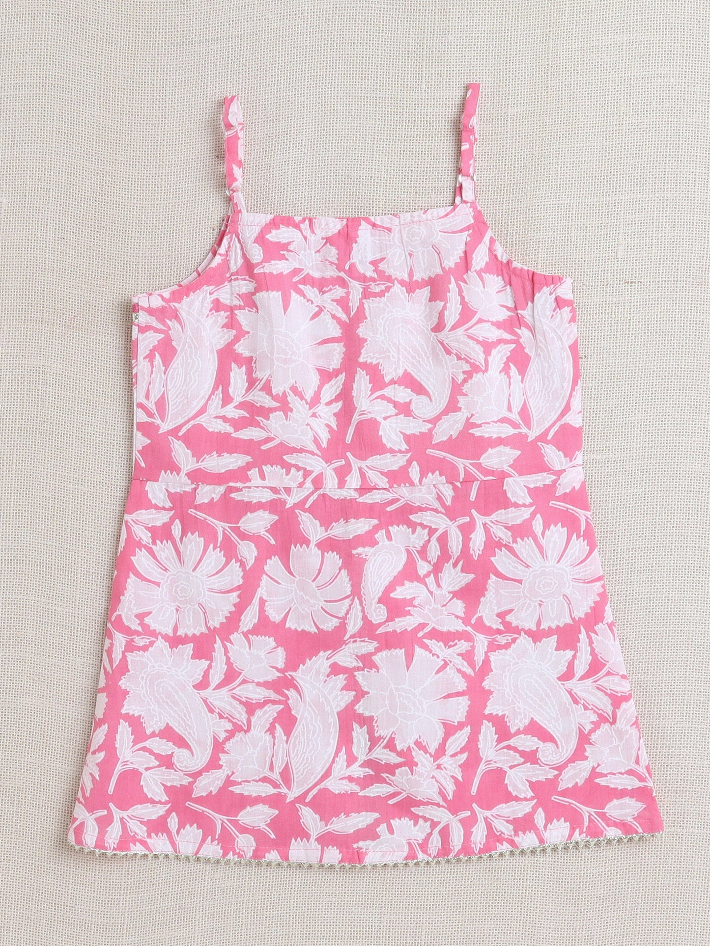 Cotton Sleeveless Floral Printed & Lace Embellished Kurta with Chevron Designed Dhoti Set - Pink