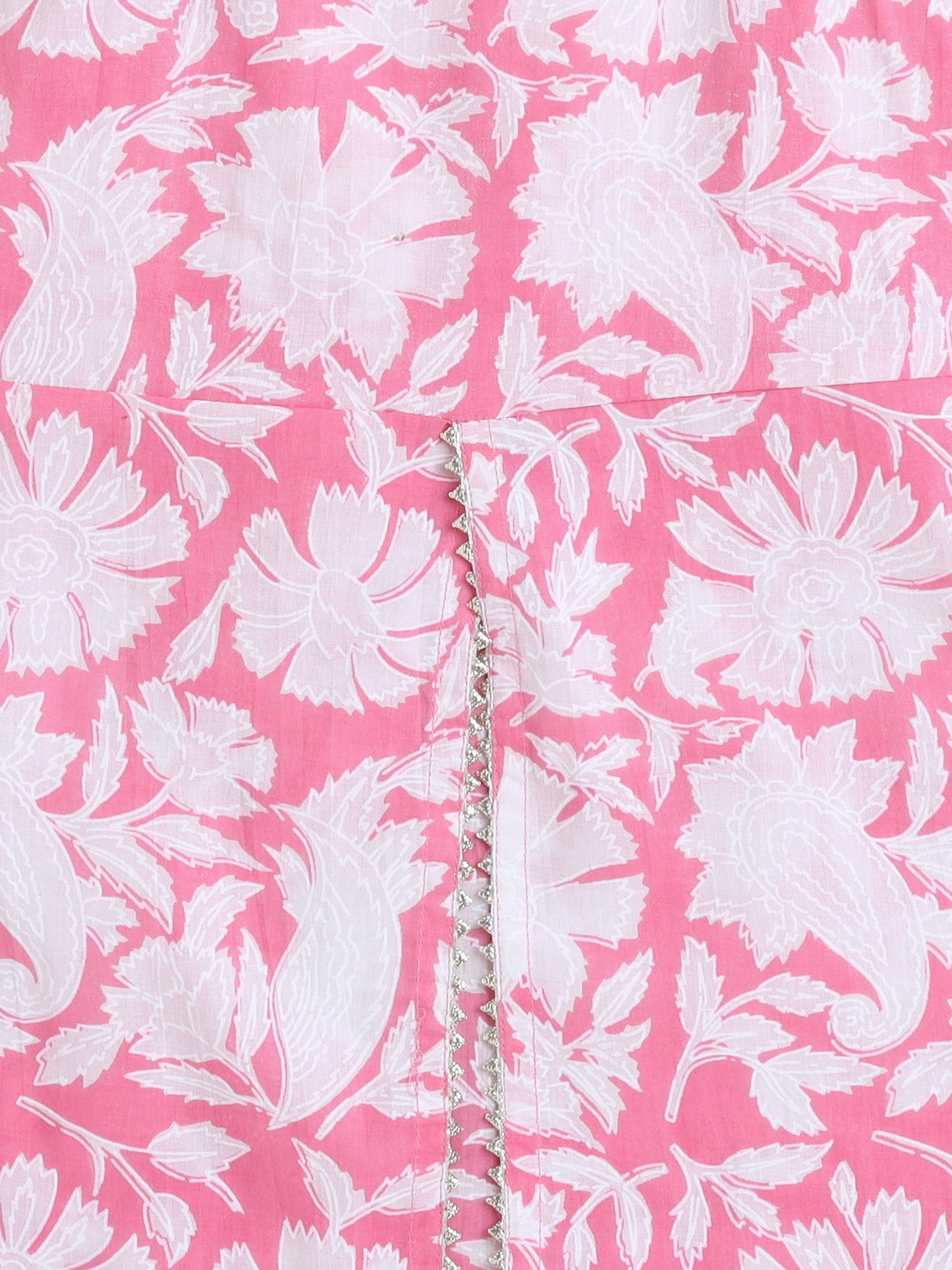 Cotton Sleeveless Floral Printed & Lace Embellished Kurta with Chevron Designed Dhoti Set - Pink