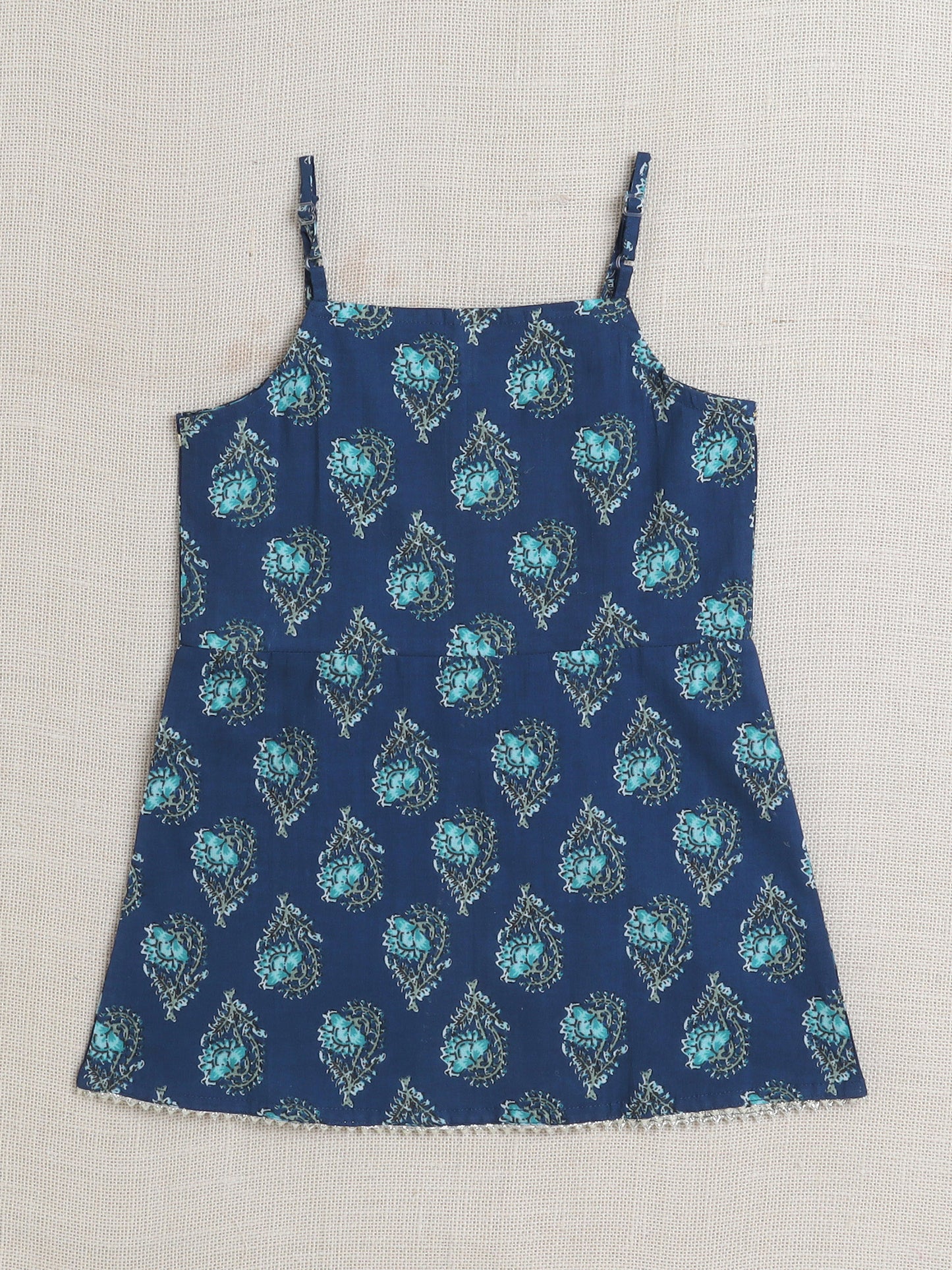Sleeveless Floral Print Kurta with Slit Opening and Stripe Dhoti Set- Navy Blue