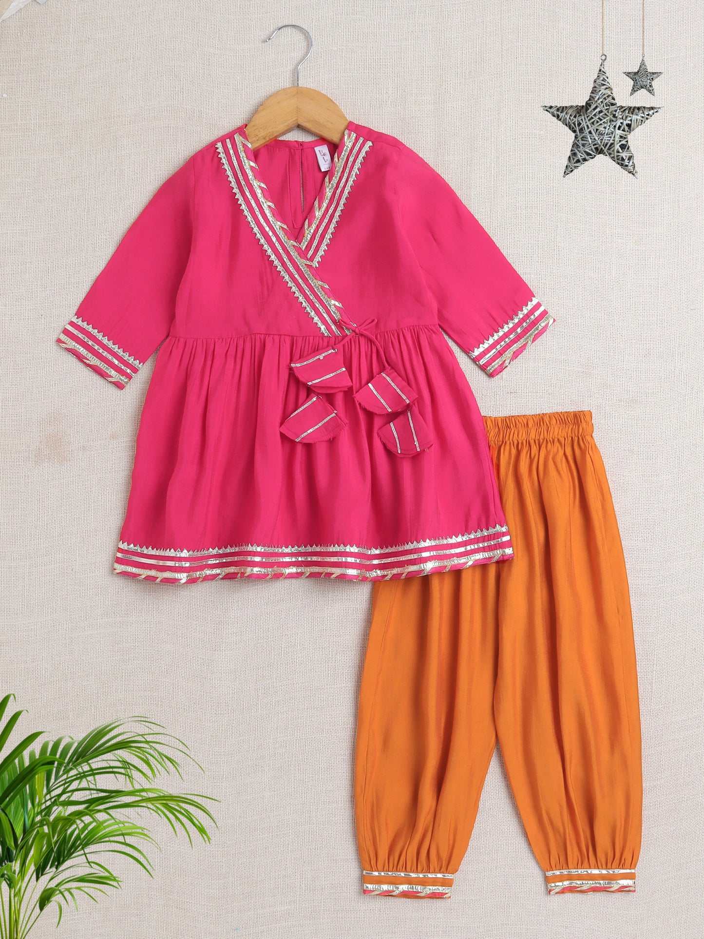 Three Forth Sleeves Angharakha Kurta Set- Fushcia