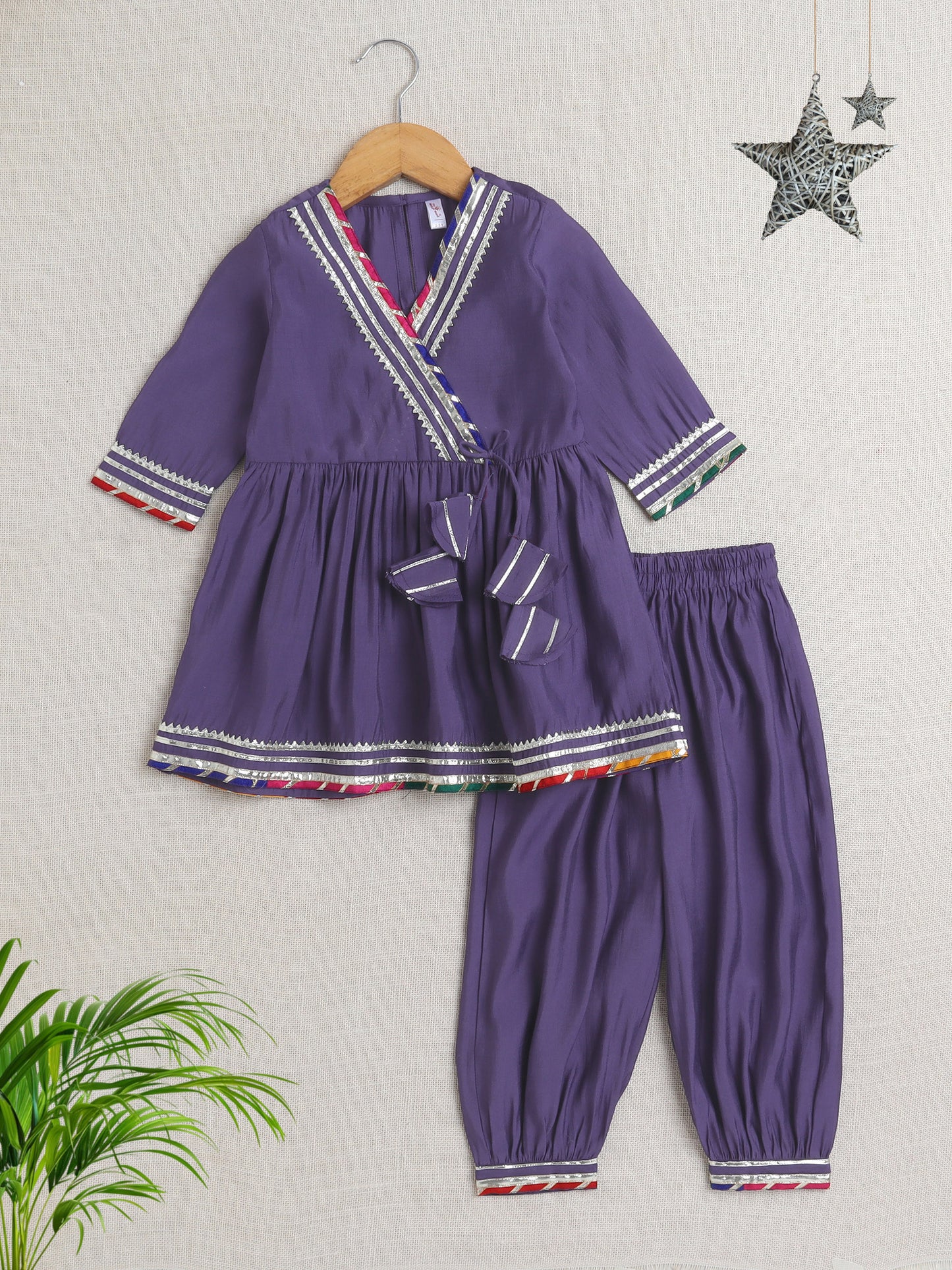 Three Forth Sleeves Angharakha Kurta Set- Purple
