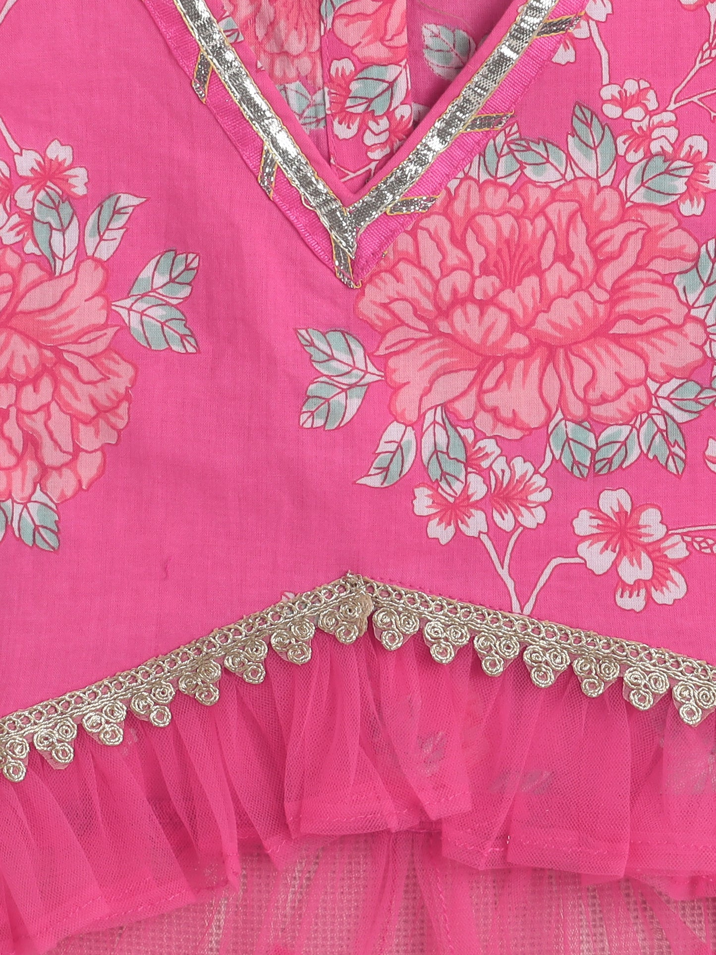 The Magic Wand Sleeveless Floral Print With Lace Lehenga Choli Set Pink