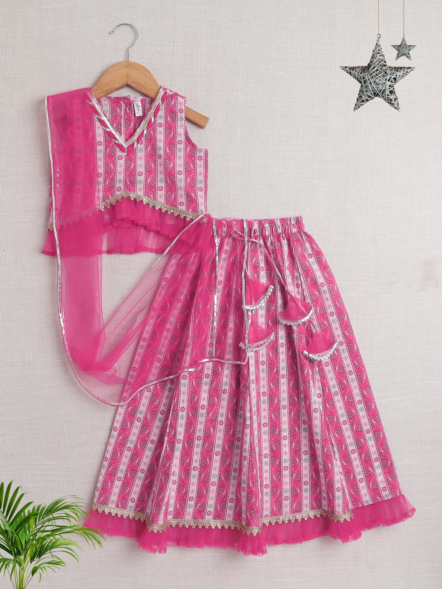 The Magic Wand Sleeveless Floral Stripe Print With Lace Lehenga Choli Set-Fuchsia