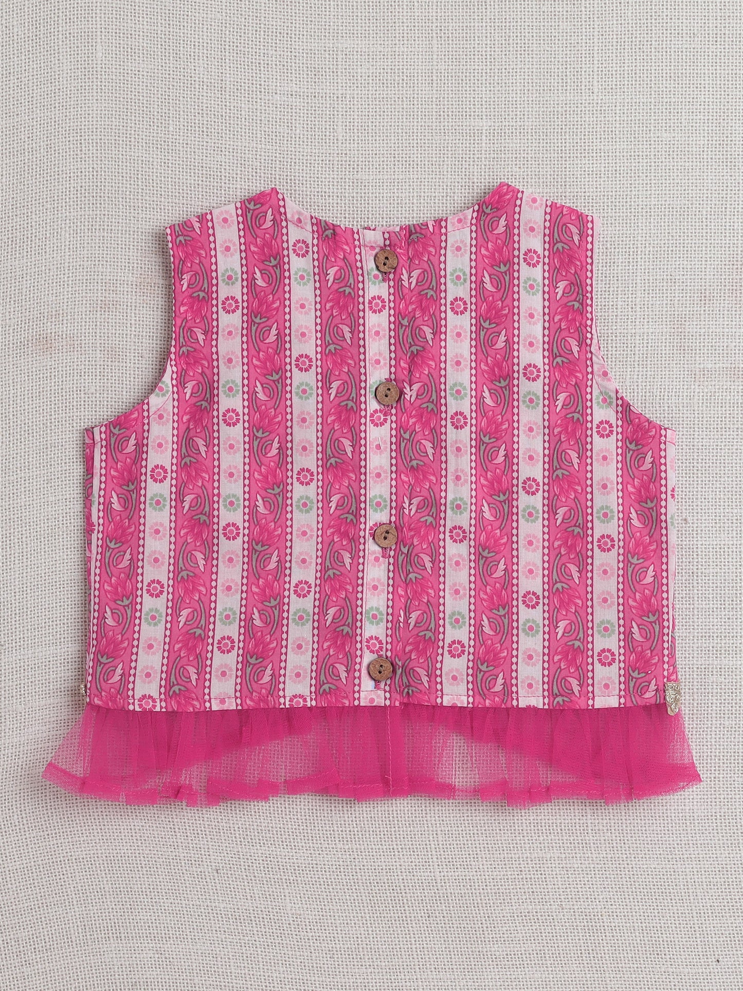 The Magic Wand Sleeveless Floral Stripe Print With Lace Lehenga Choli Set-Fuchsia