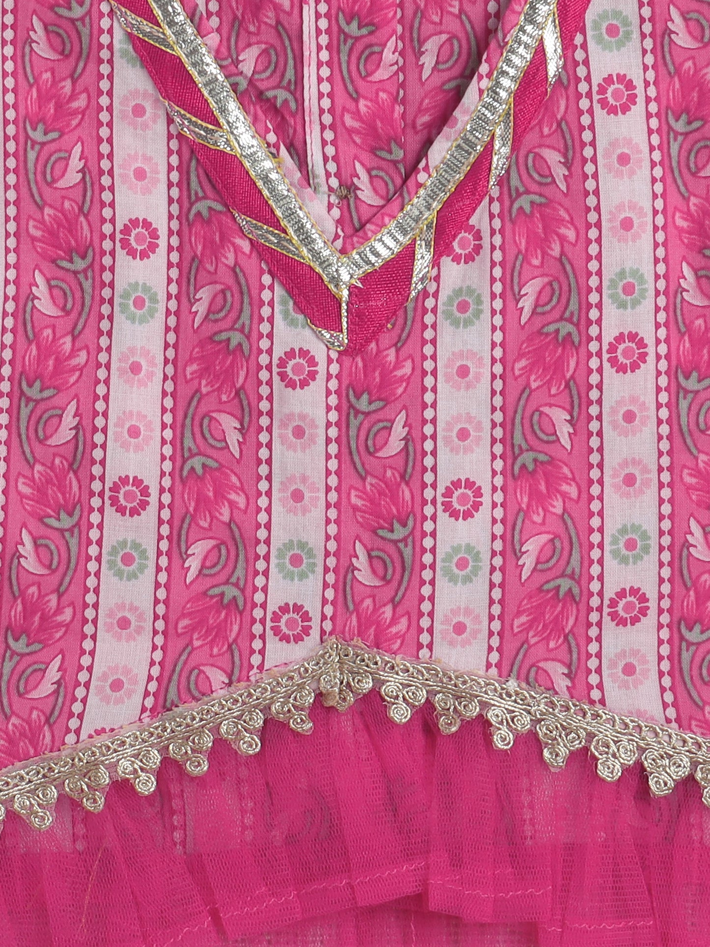 The Magic Wand Sleeveless Floral Stripe Print With Lace Lehenga Choli Set-Fuchsia