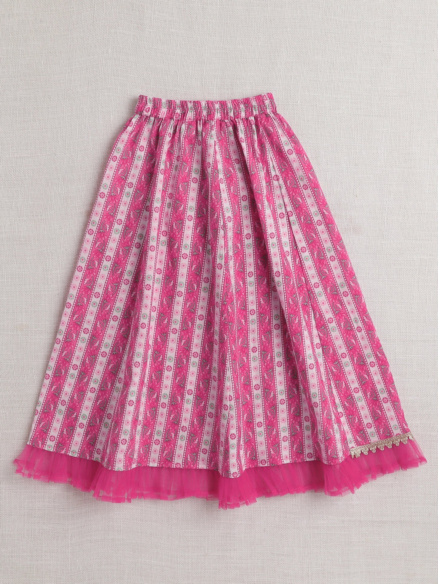 The Magic Wand Sleeveless Floral Stripe Print With Lace Lehenga Choli Set-Fuchsia