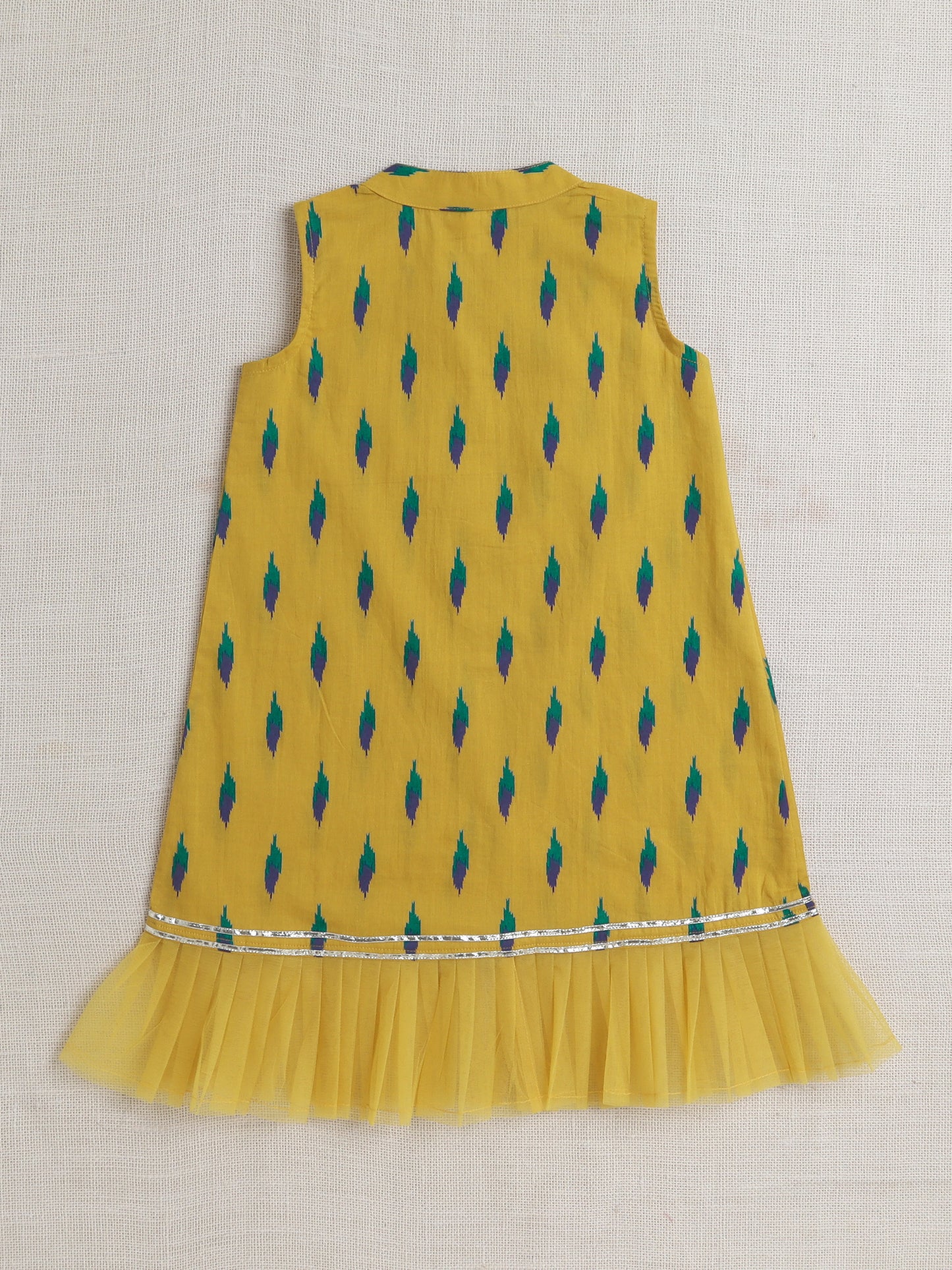 Sleeveless Abstract Printed & Lace Embellished Kurta With Salwar Set - Mustard