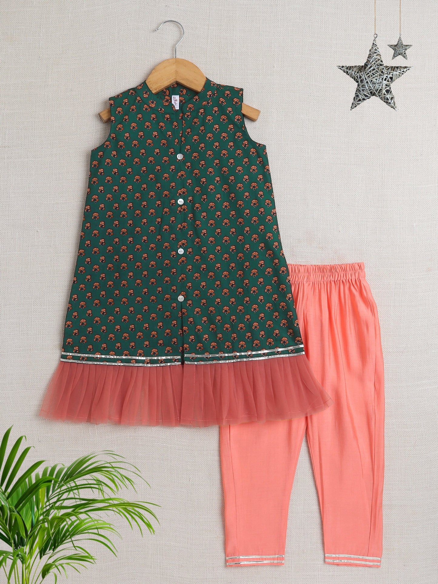 Sleeveless Floral Motif Printed Kurta With Salwar Set - Olive Green
