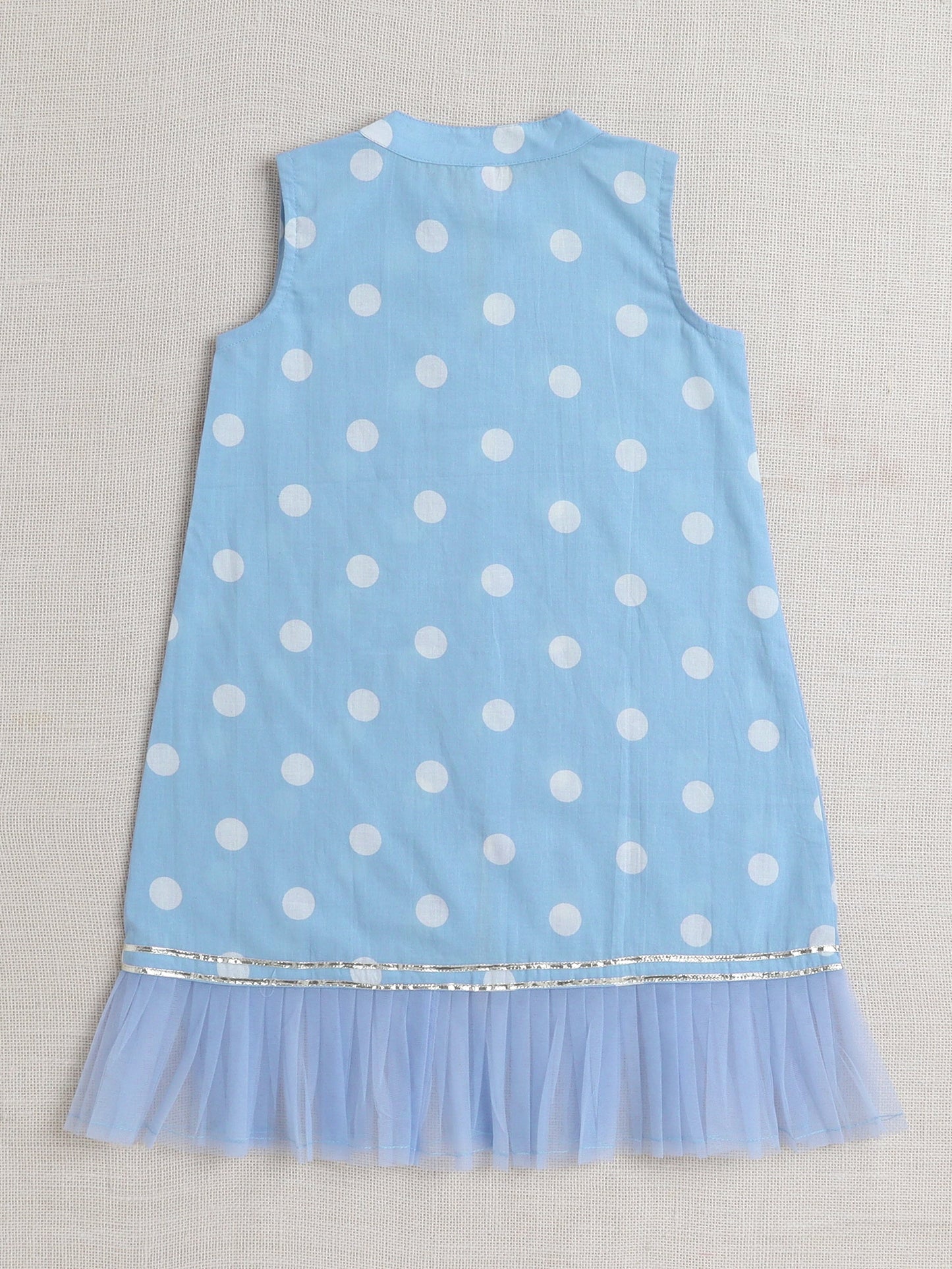 Sleeveless Polka Dots Printed & Lace Embellished Kurta With Salwar Set - Blue