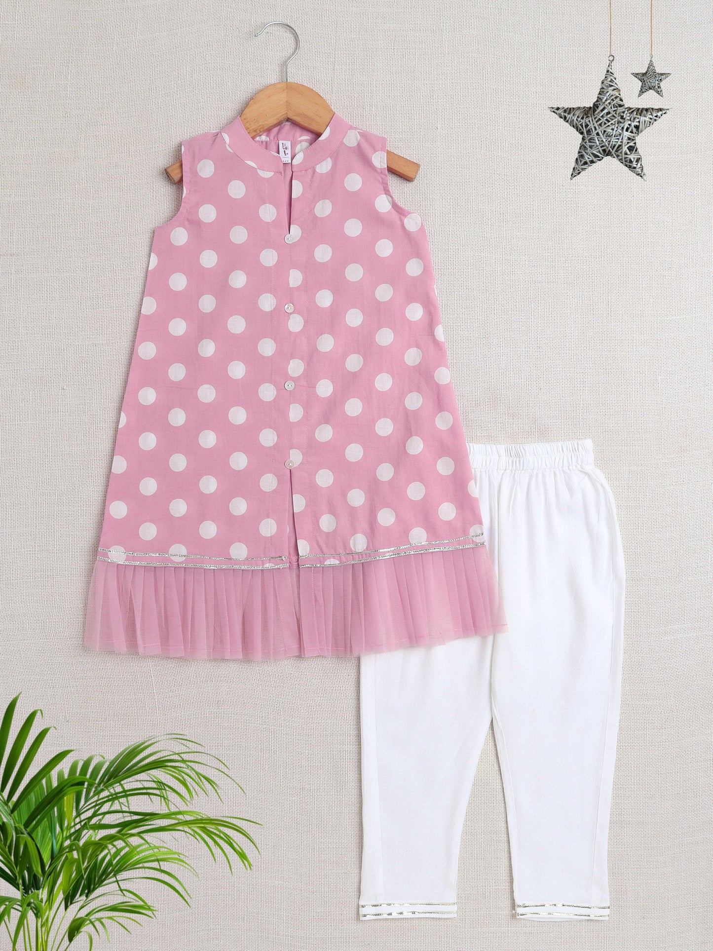 Sleeveless Polka Dots Printed & Lace Embellished Kurta With Salwar Set - Pink