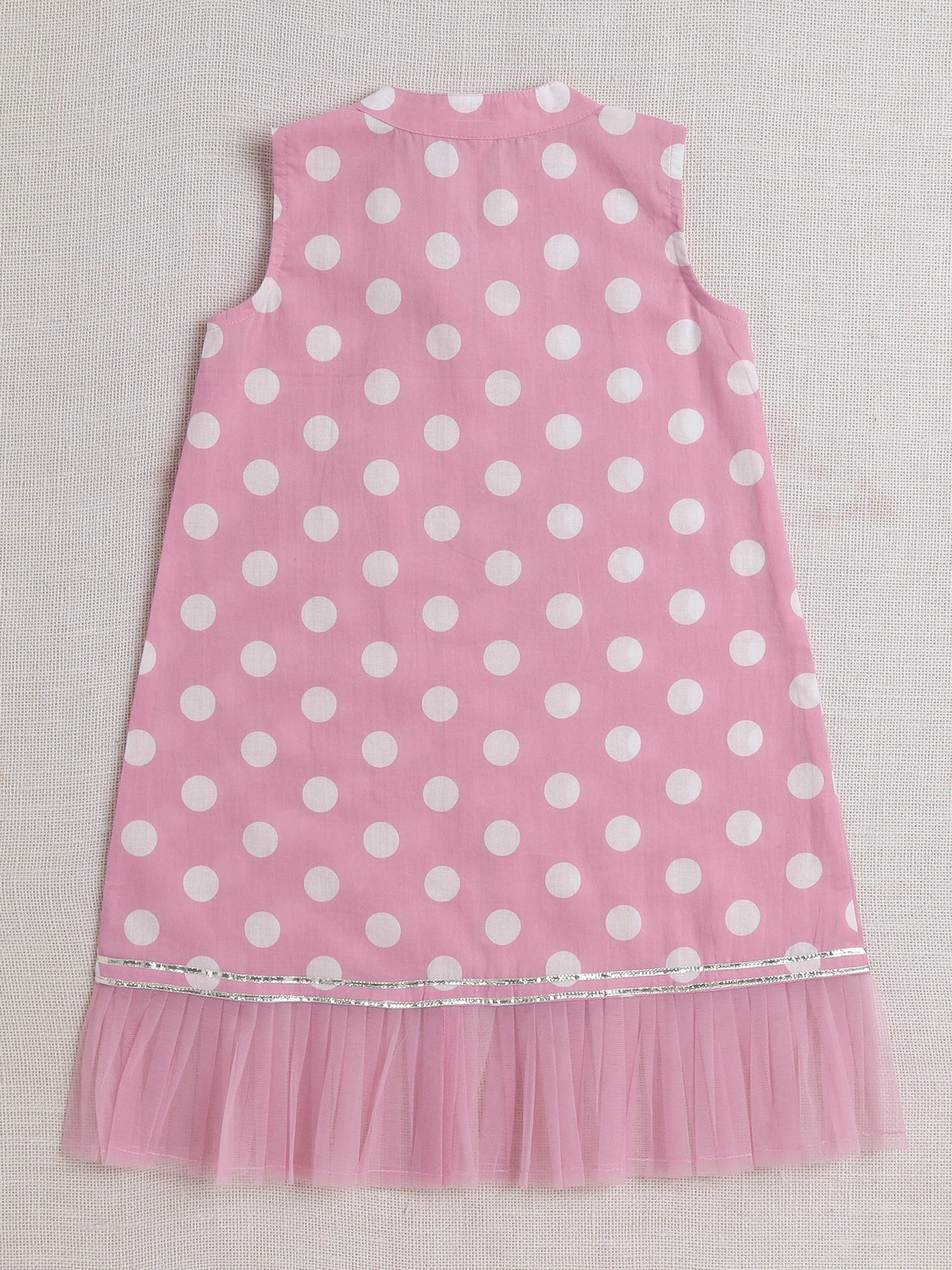 Sleeveless Polka Dots Printed & Lace Embellished Kurta With Salwar Set - Pink