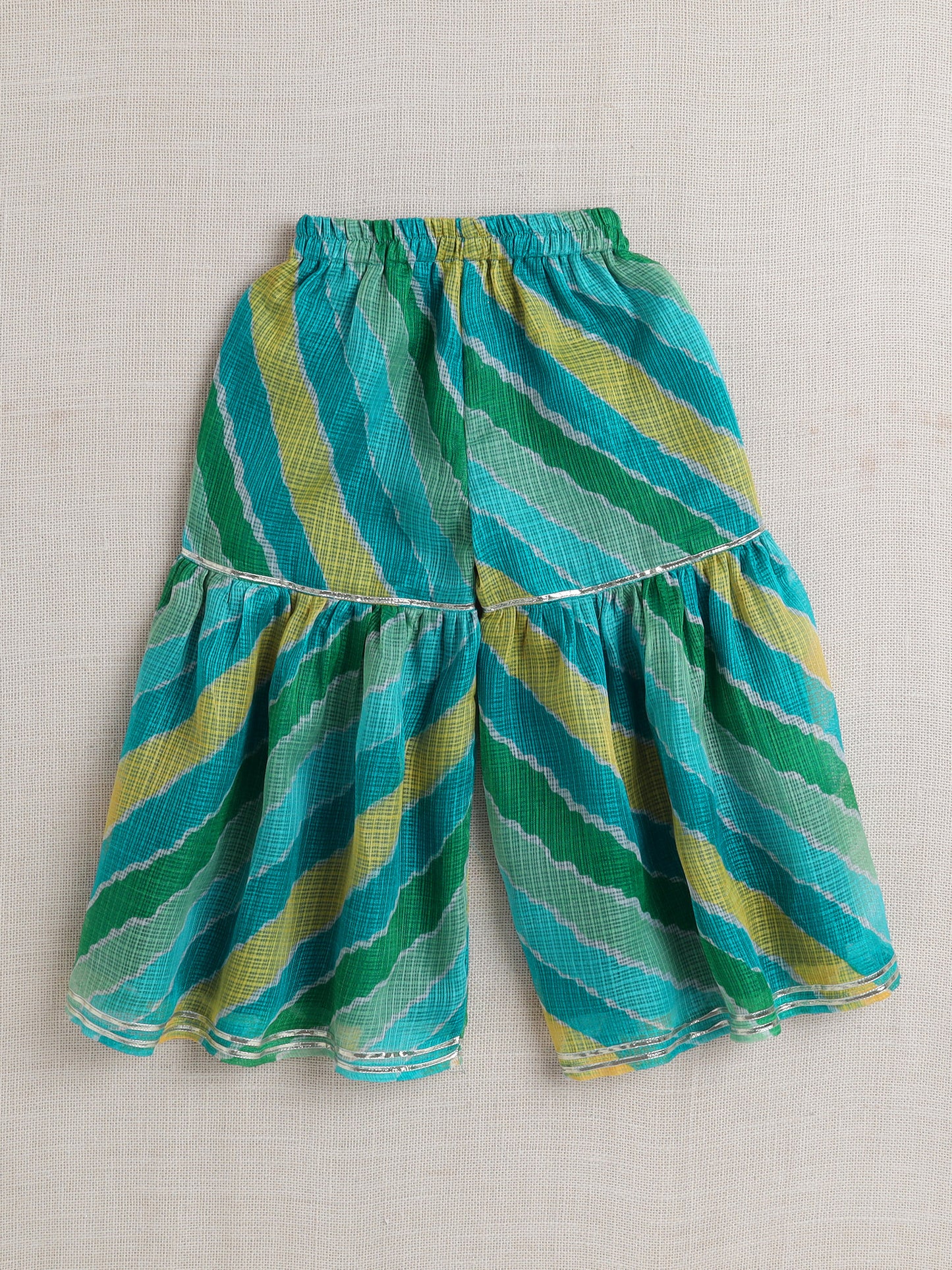 Sleeveless Stripe Print Kurta Sharara Set- Green