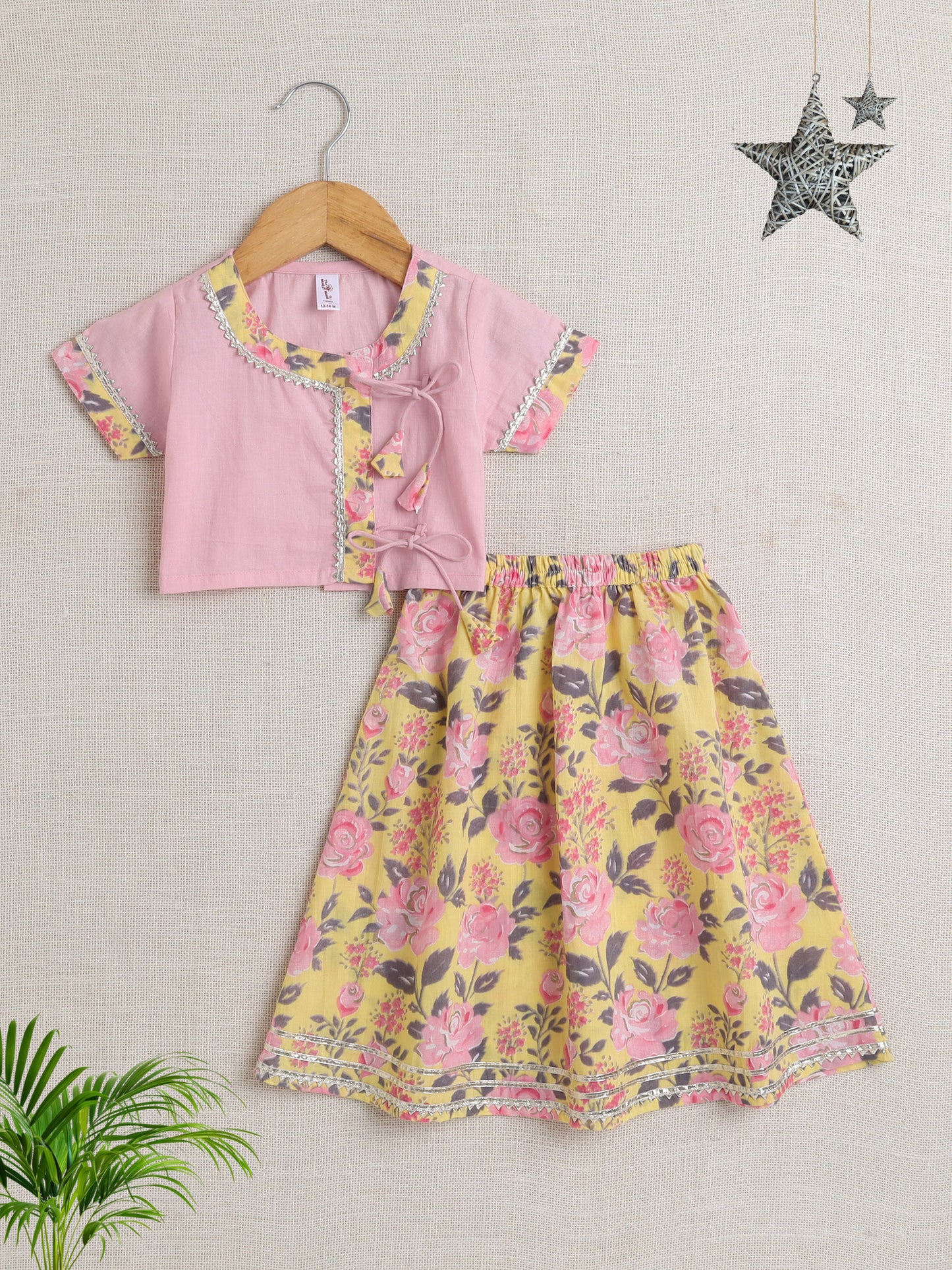 Short Sleeves Floral Print Lehnega Choli Set- Pink