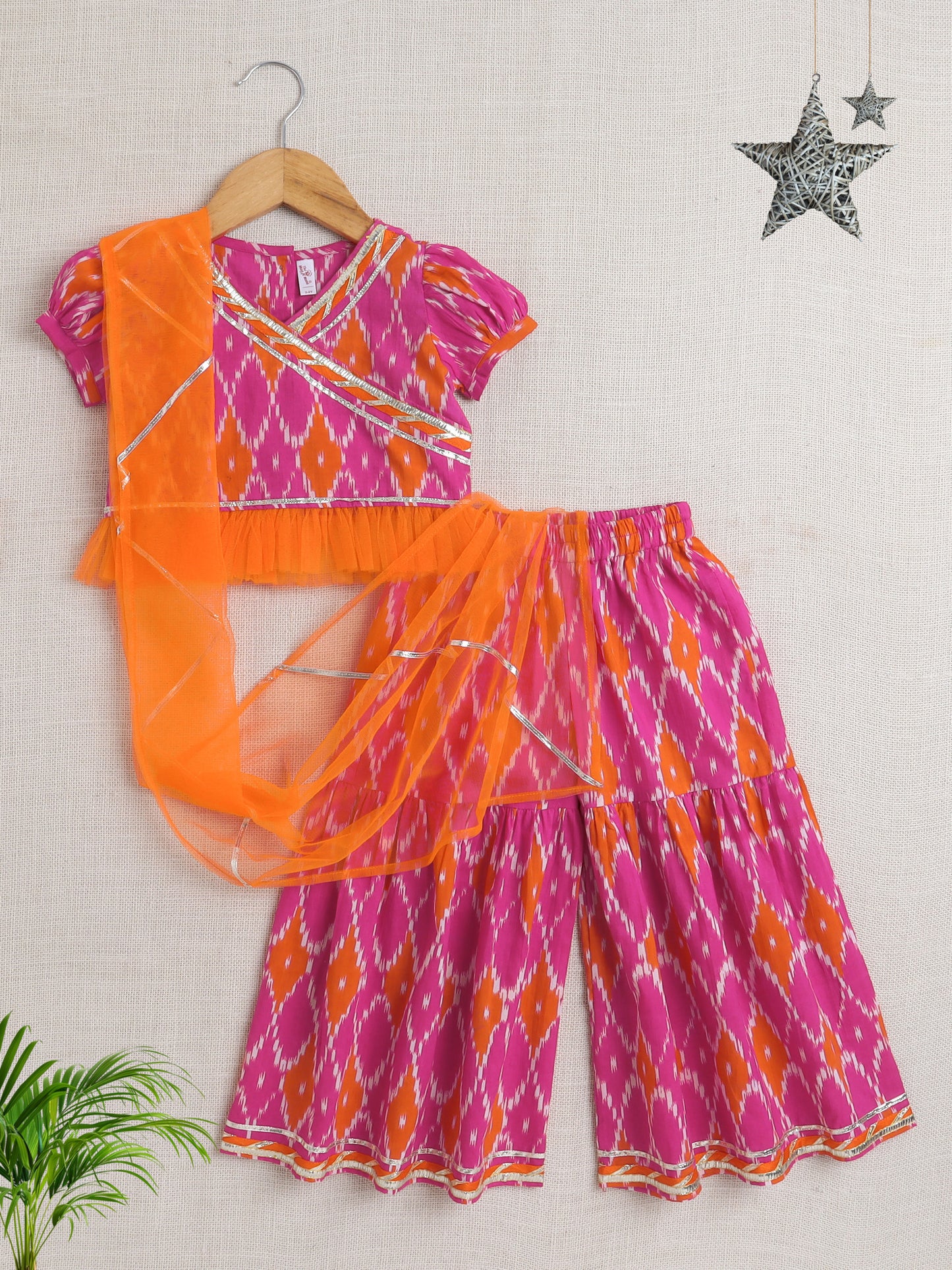 short Sleeves All Over Print Choli with Frills and Lehenga Set- Fuchsia