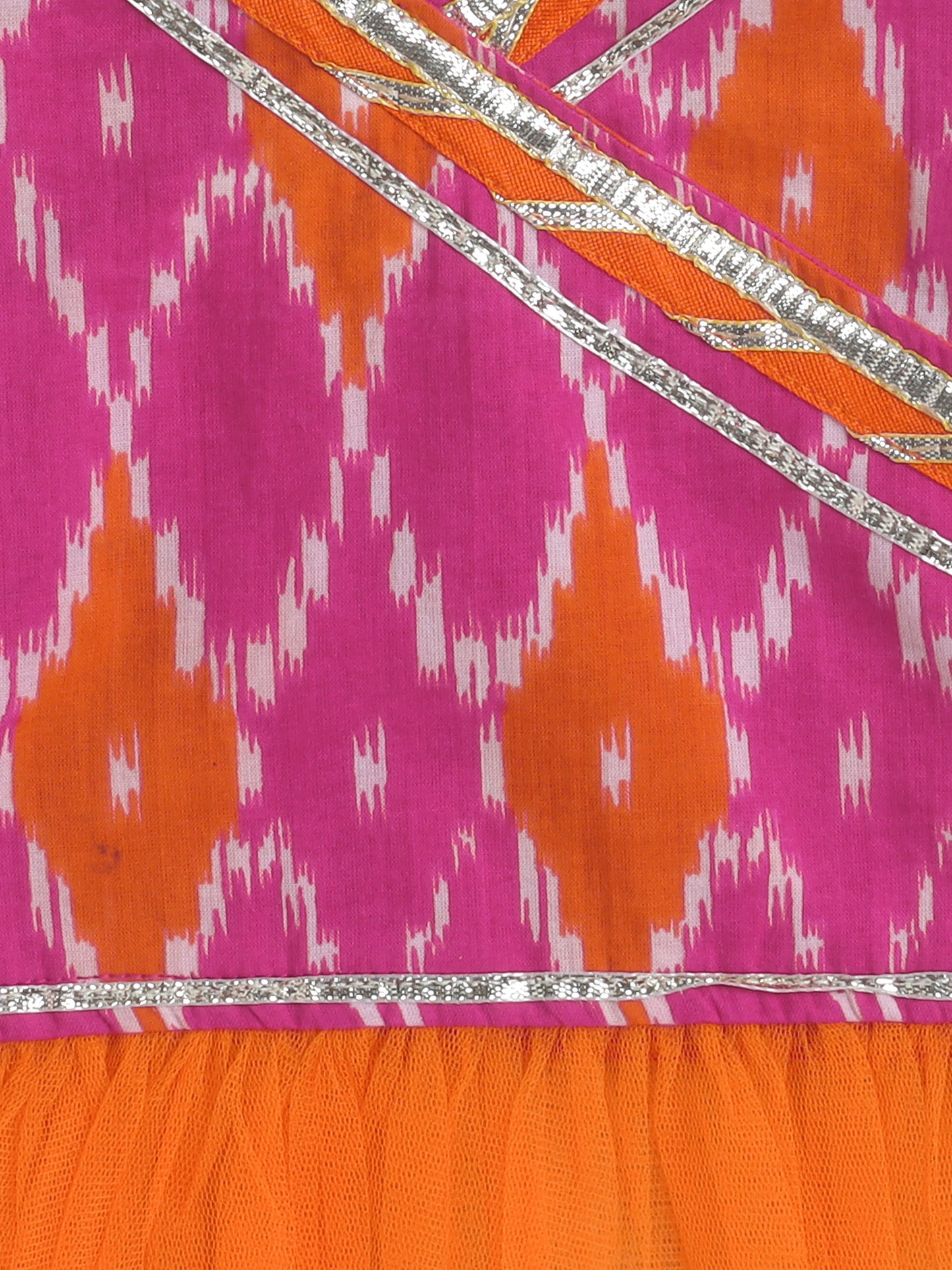 short Sleeves All Over Print Choli with Frills and Lehenga Set- Fuchsia