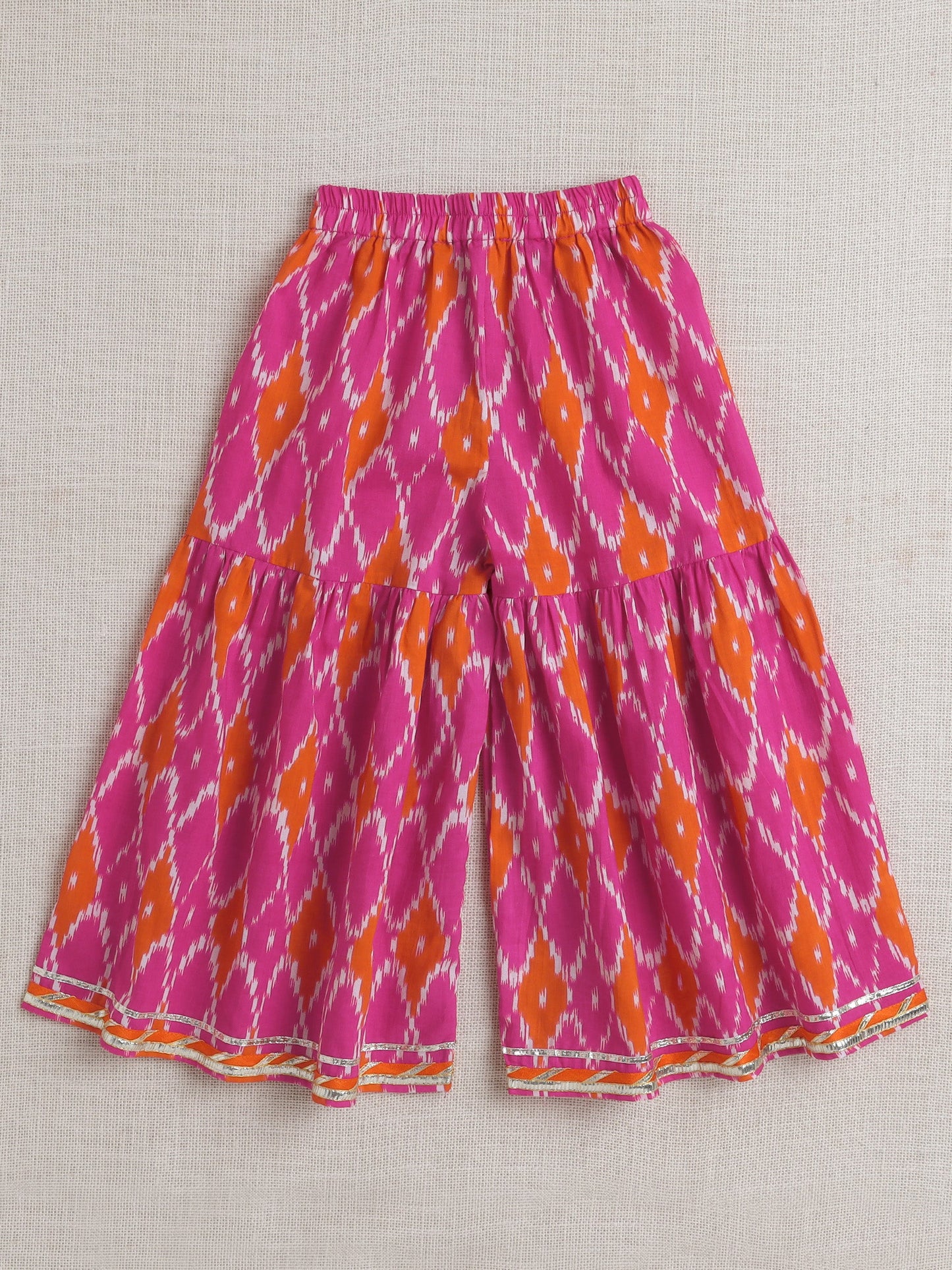Cotton Half Puffed Sleeves Abstract Printed & Lace Embellished Choli & Palazzo Set - Fuchsia Pink