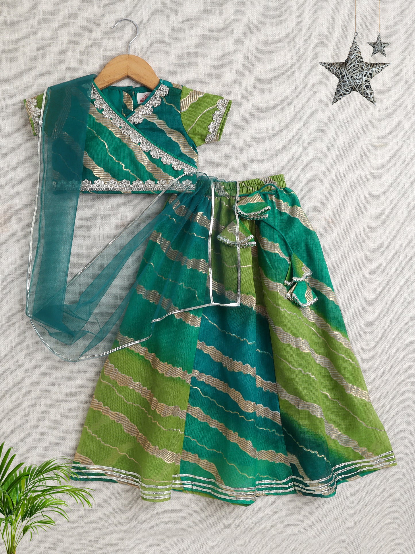 Short Sleeves Embellished All Over Print Lehenga Choli Set- Green
