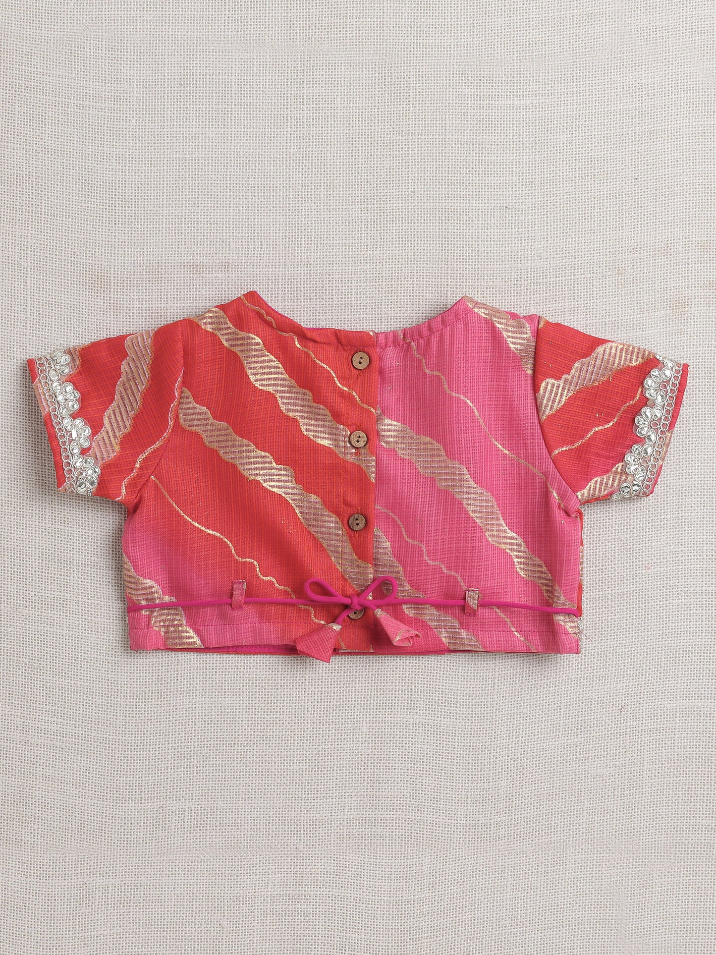 Short Sleeves Embellished All Over Print Lehenga Choli Set- Peach