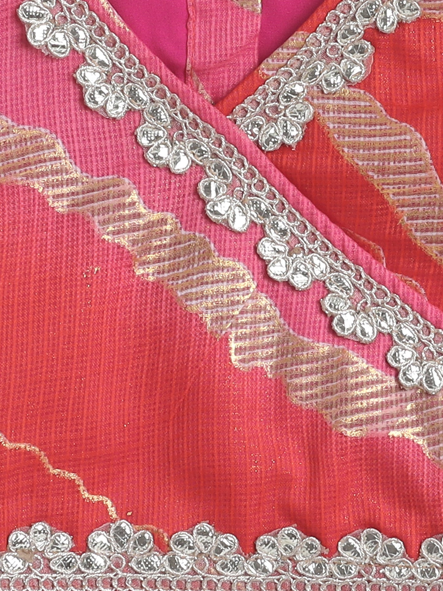 Half Sleeves Leheriya Foil Printed & Lace Embellished Coordinating Lehenga Choli With Dupatta Set - Peach