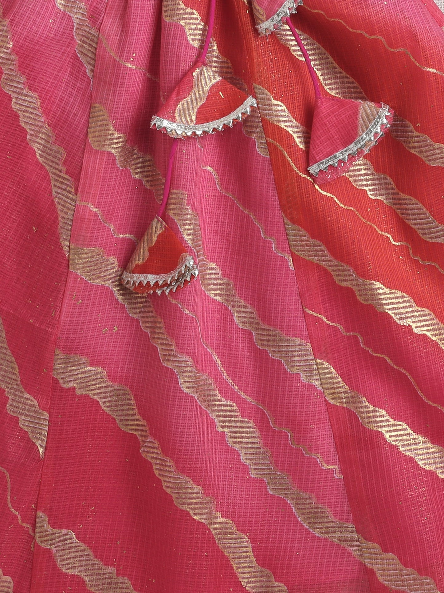 Half Sleeves Leheriya Foil Printed & Lace Embellished Coordinating Lehenga Choli With Dupatta Set - Peach