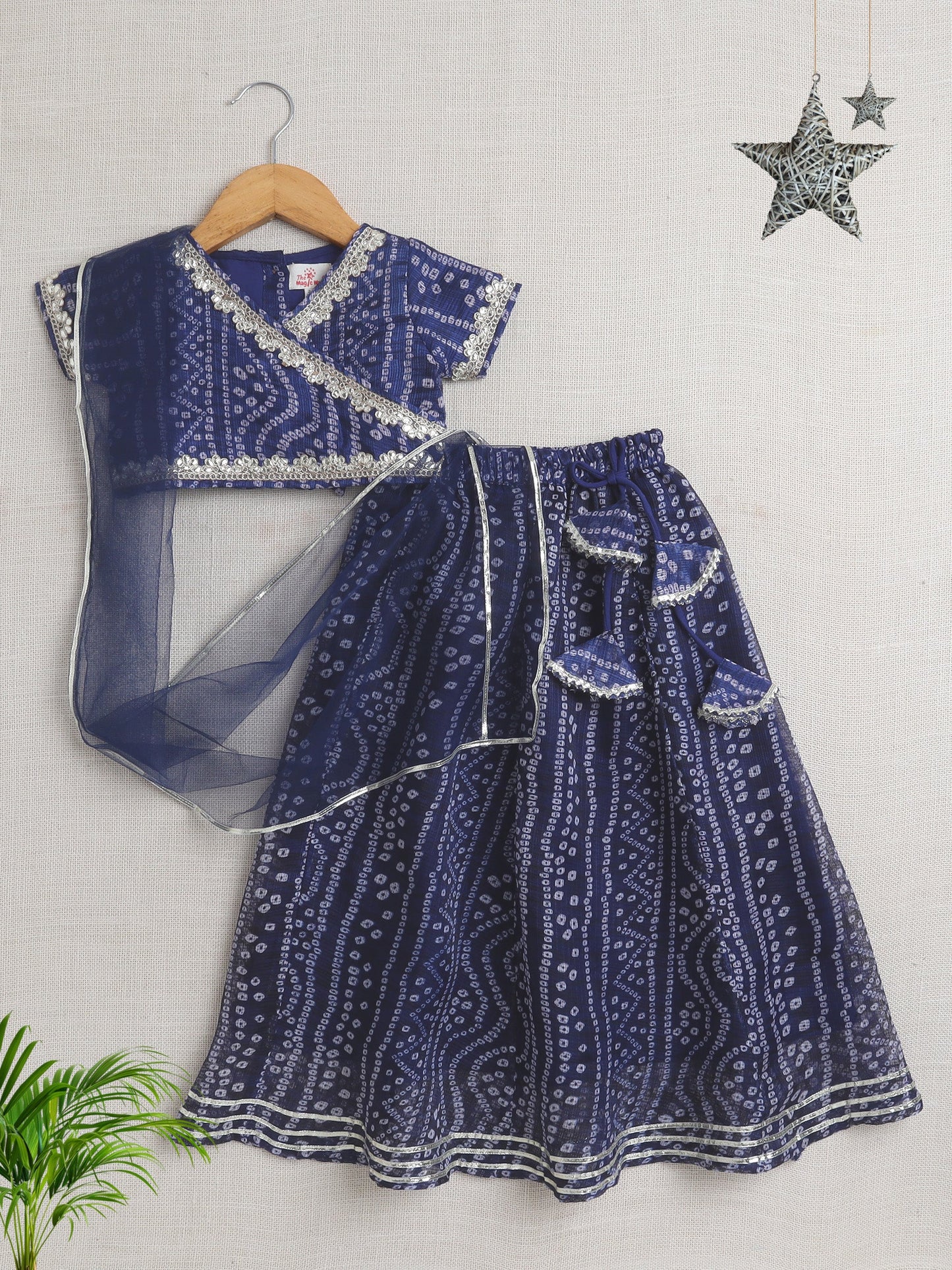 Half Sleeves Bandhani Designed & Lace Embellished Coordinating Lehenga Choli With Dupatta Set - Navy Blue