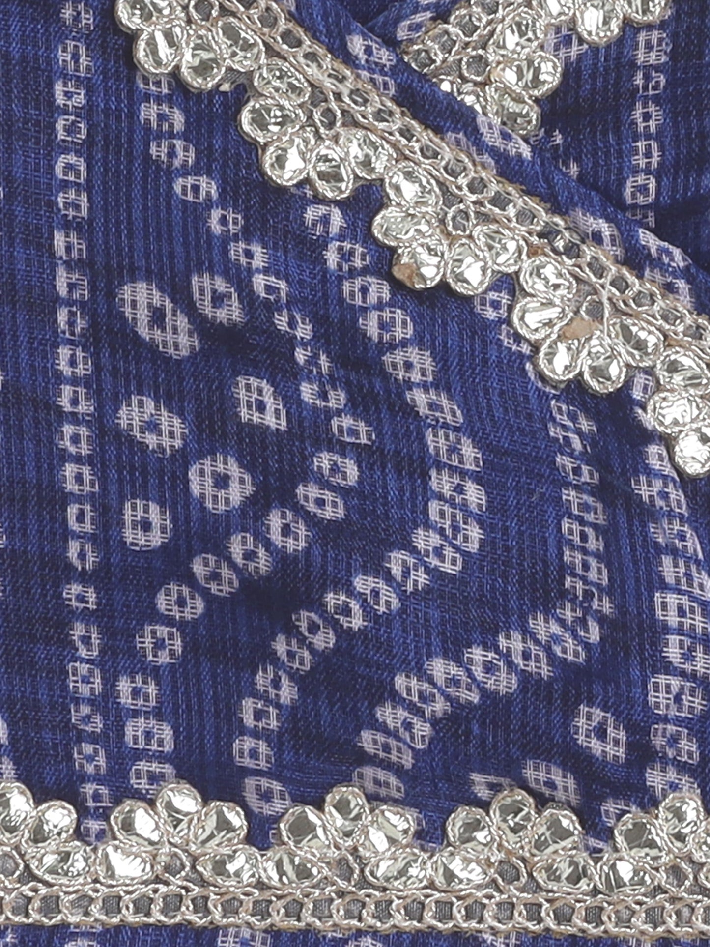 Short Sleeves Embellished All Over Print Lehenga Choli Set- Navy Blue
