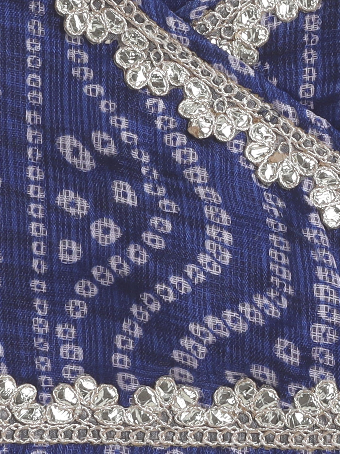 Half Sleeves Bandhani Designed & Lace Embellished Coordinating Lehenga Choli With Dupatta Set - Navy Blue