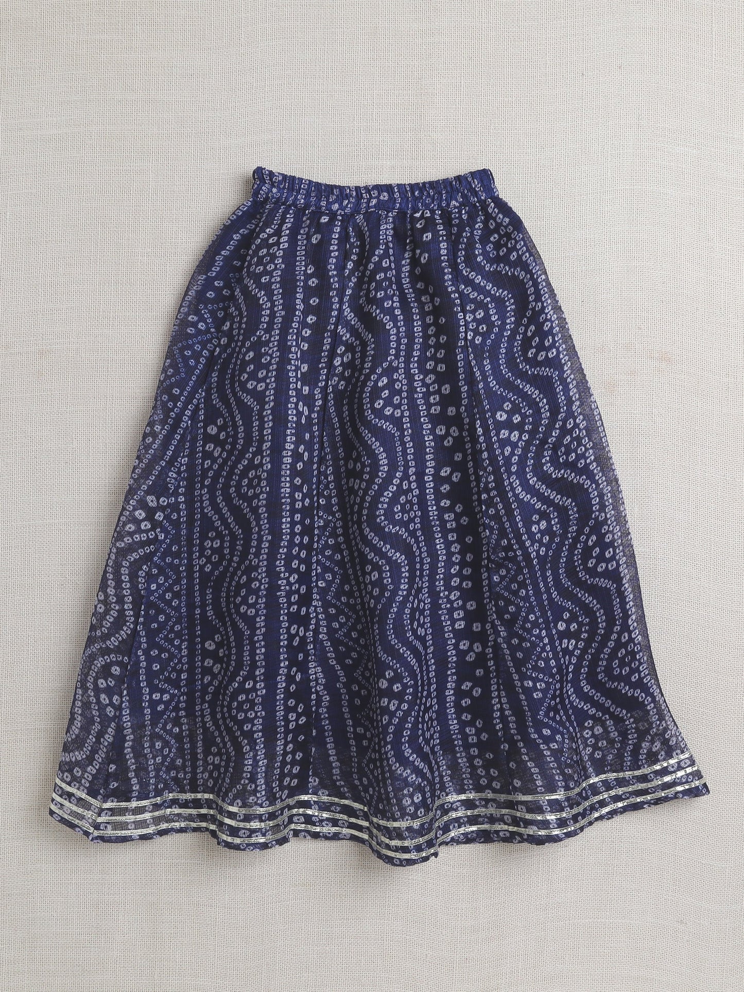 Half Sleeves Bandhani Designed & Lace Embellished Coordinating Lehenga Choli With Dupatta Set - Navy Blue