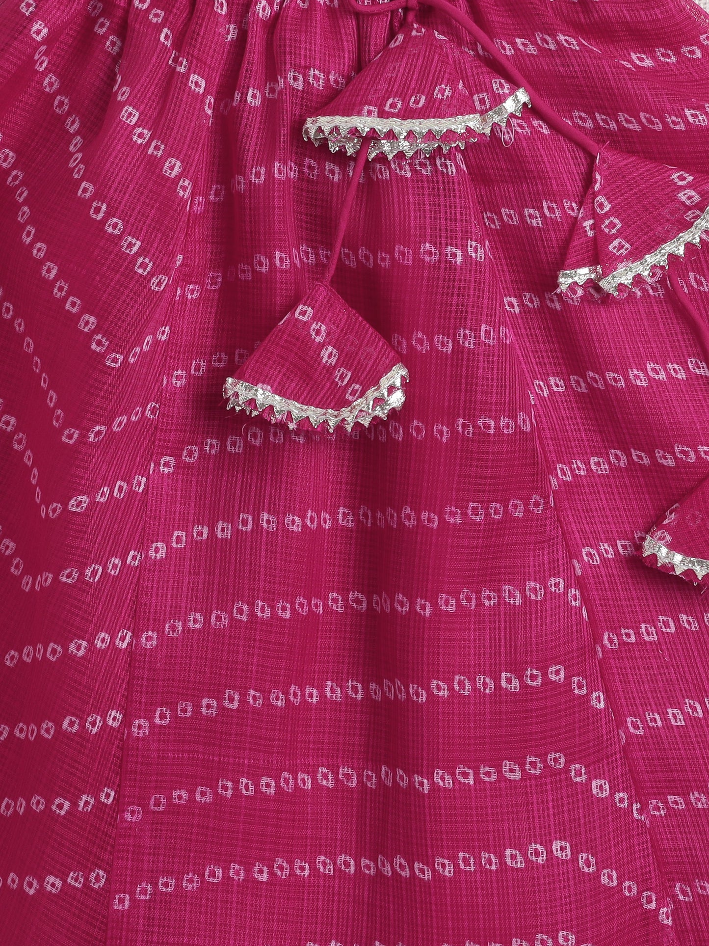 Short Sleeves Embellished All Over Print Lehenga Choli Set- Fuchsia