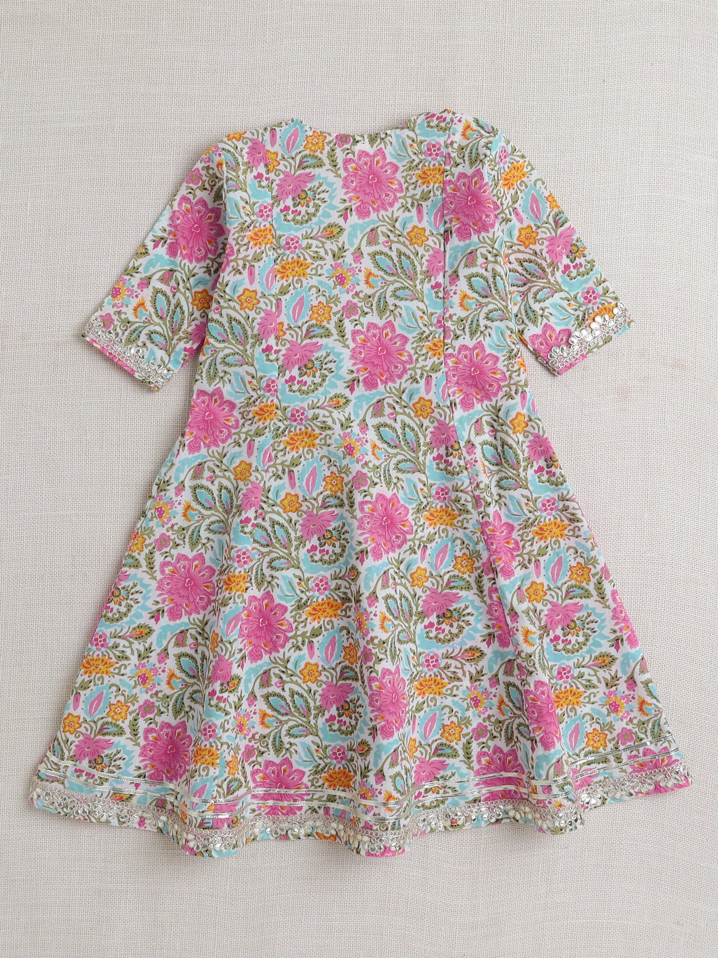 Short Sleeves Floral Print Angarakha Kurta Set- Pink