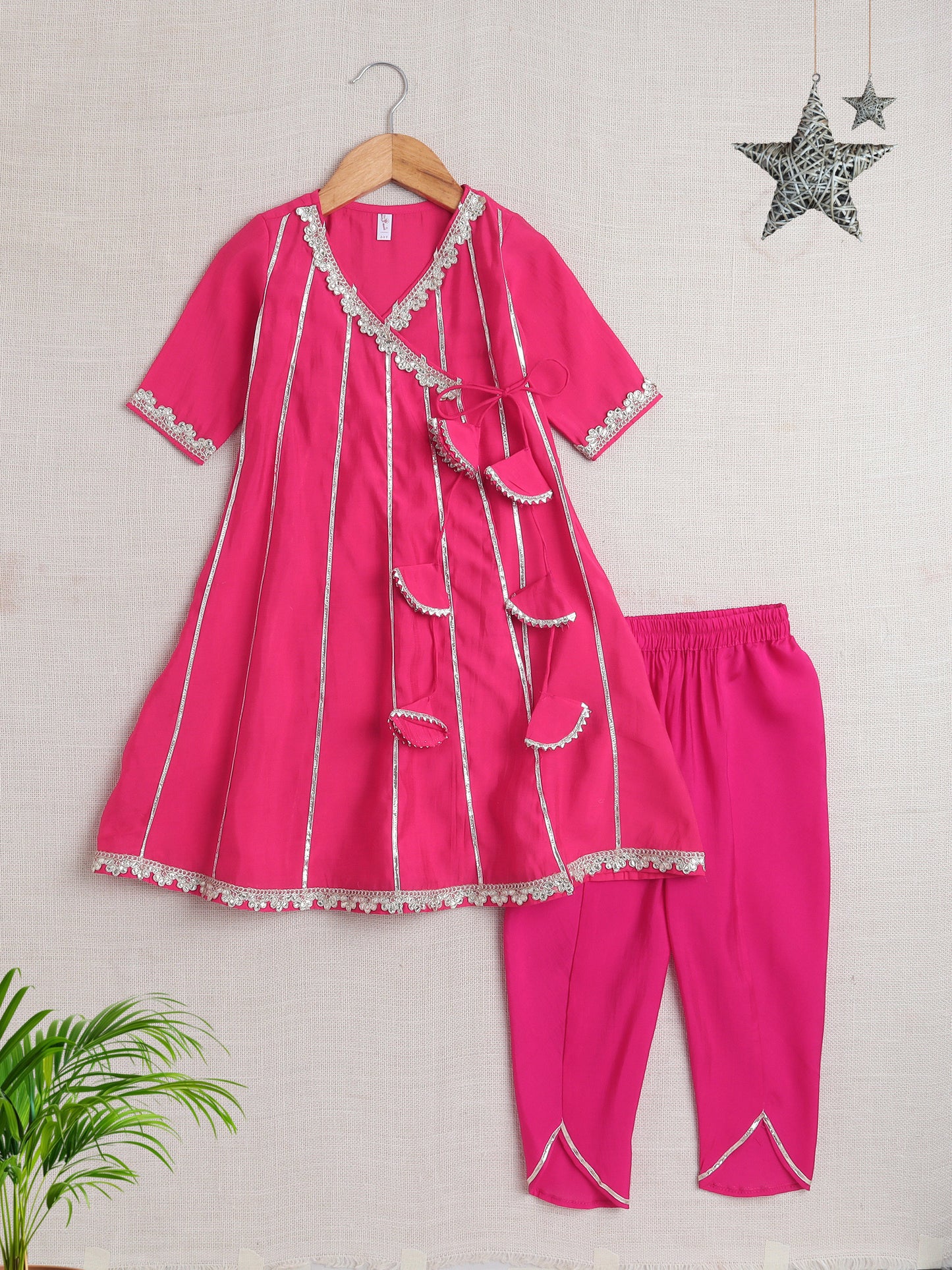 Stripe Print with Lace Angarakha Kurta Set- Fuchsia