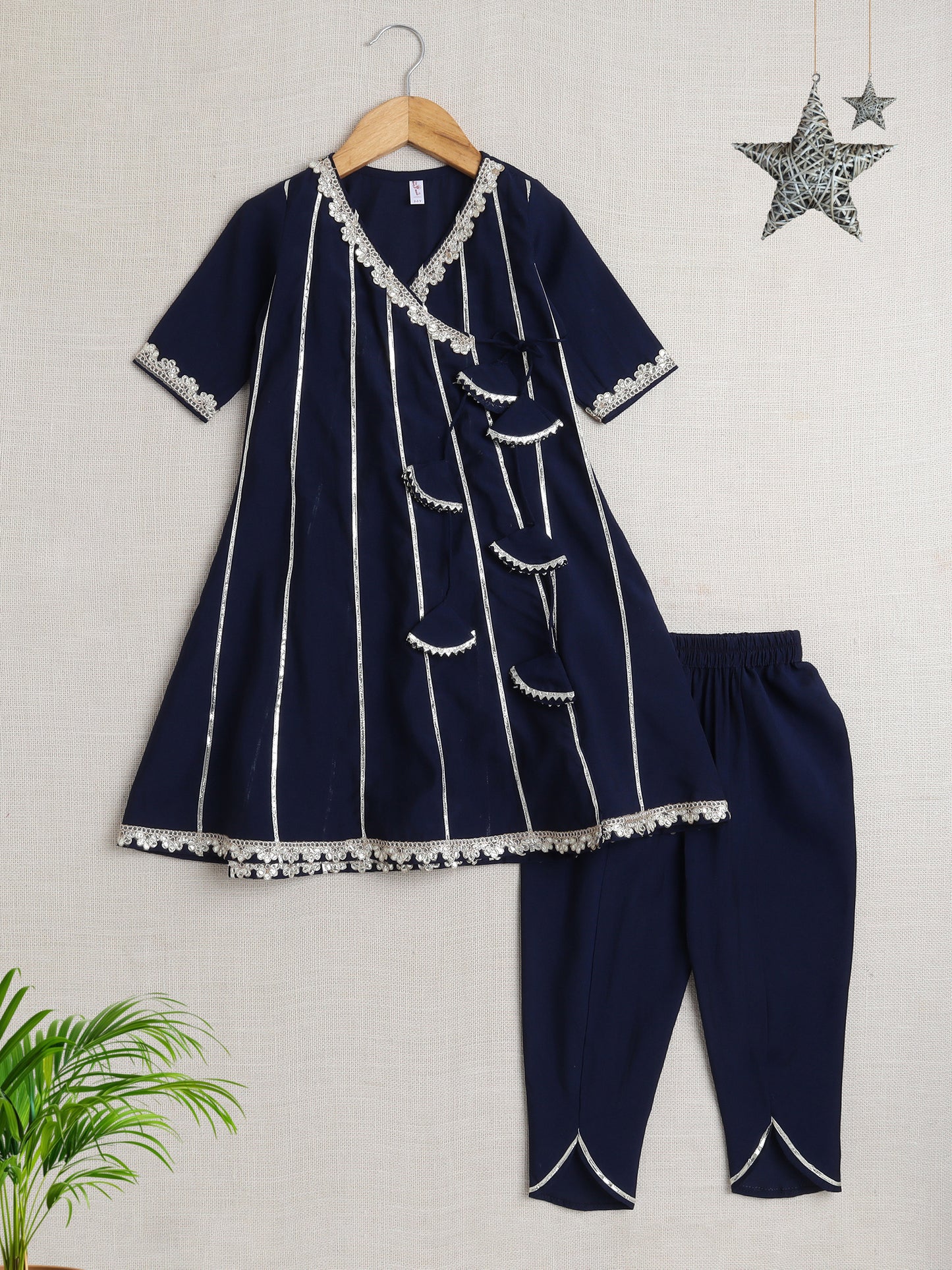 Stripe Print with Lace Angarakha Kurta Set- Navy Blue