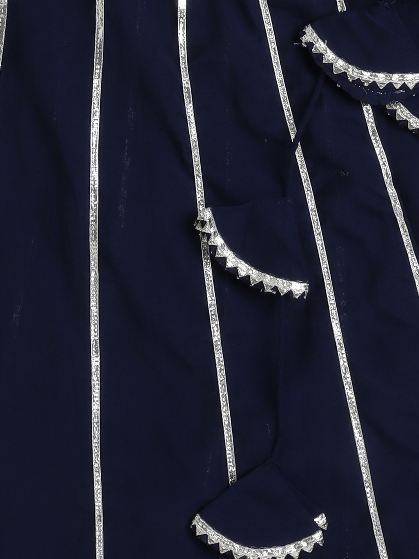 Stripe Print with Lace Angarakha Kurta Set- Navy Blue