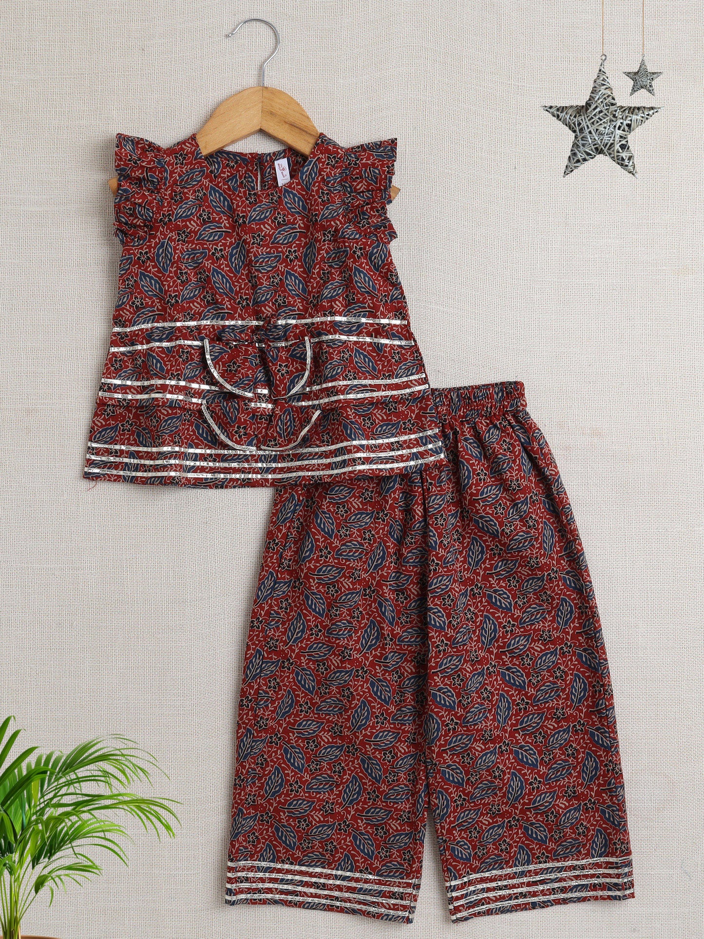 Sleeveless All Over Print Coordinating Top and Pant Set- Maroon