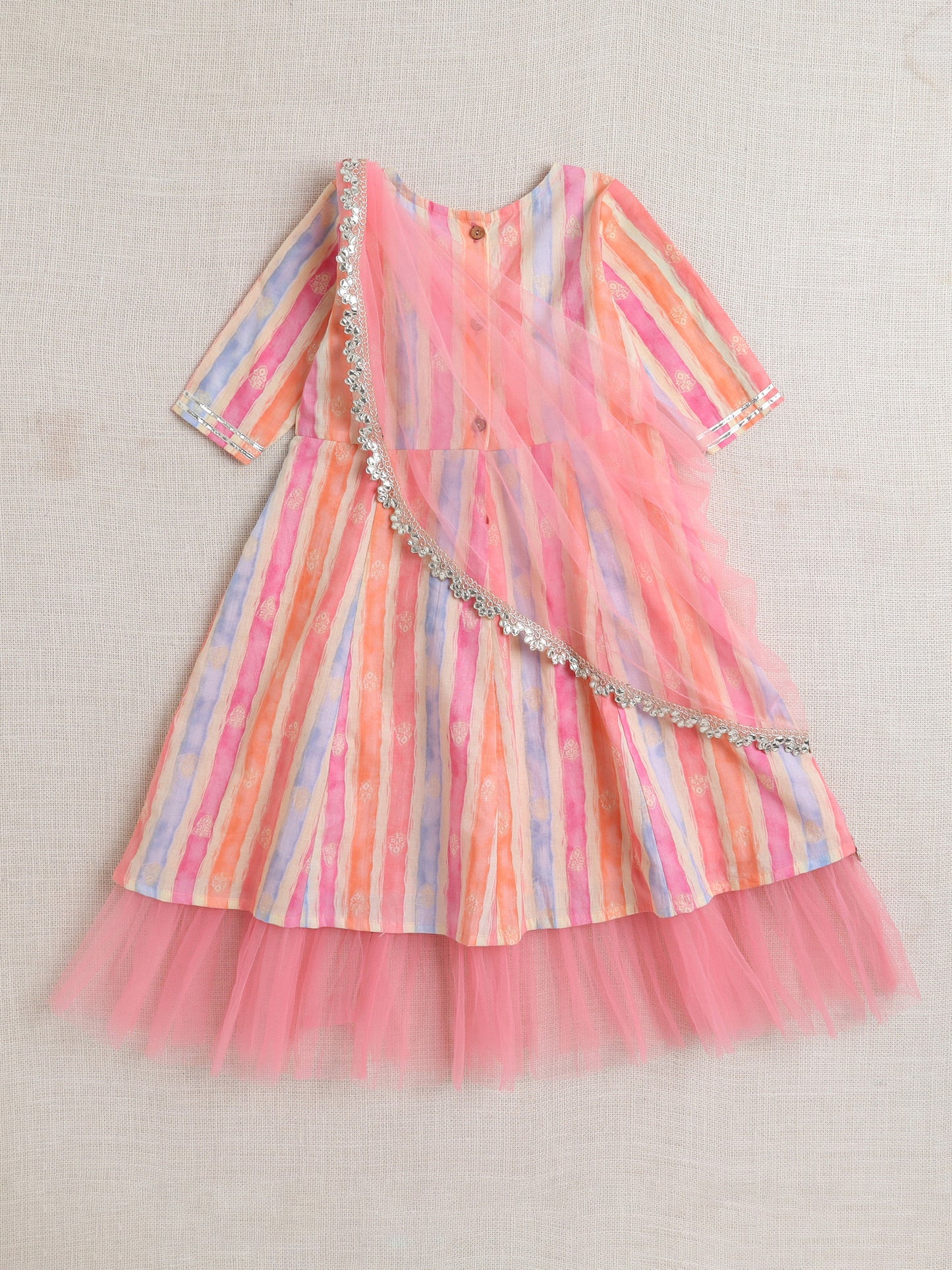 The Magic Wand Short Sleeves All Over Print with Frills Ethnic Dress-Peach