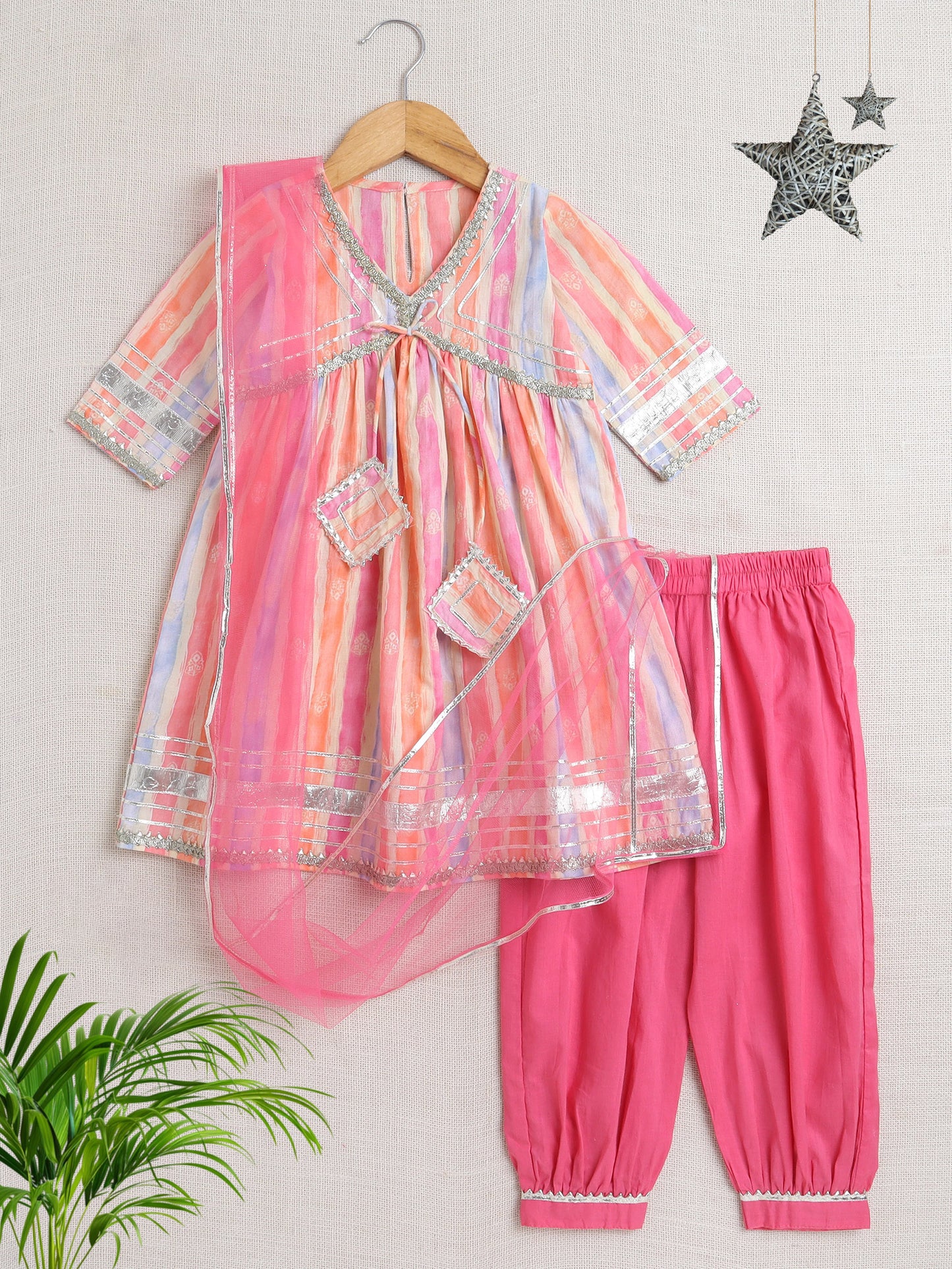 Half Sleeves Stripe Print Alia Cut Kurta Set- Peach