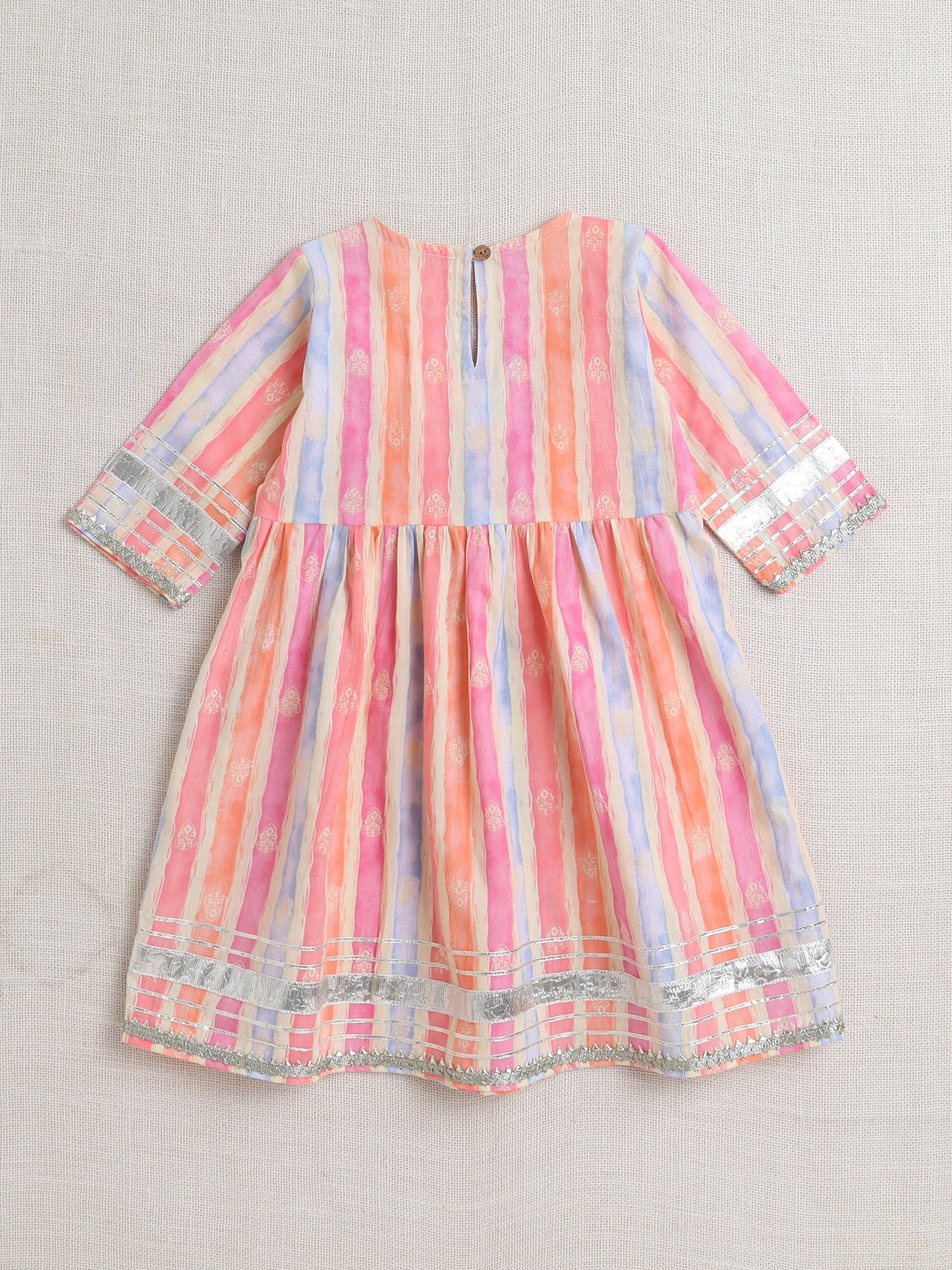 Half Sleeves Stripe Print Alia Cut Kurta Set- Peach